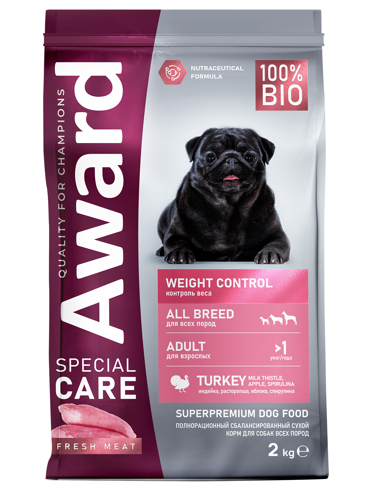 Сухой корм AWARD SPECIAL CARE Weight Control для взрослых собак всех пород для контроля веса со свежим мясом индейки 2кг
