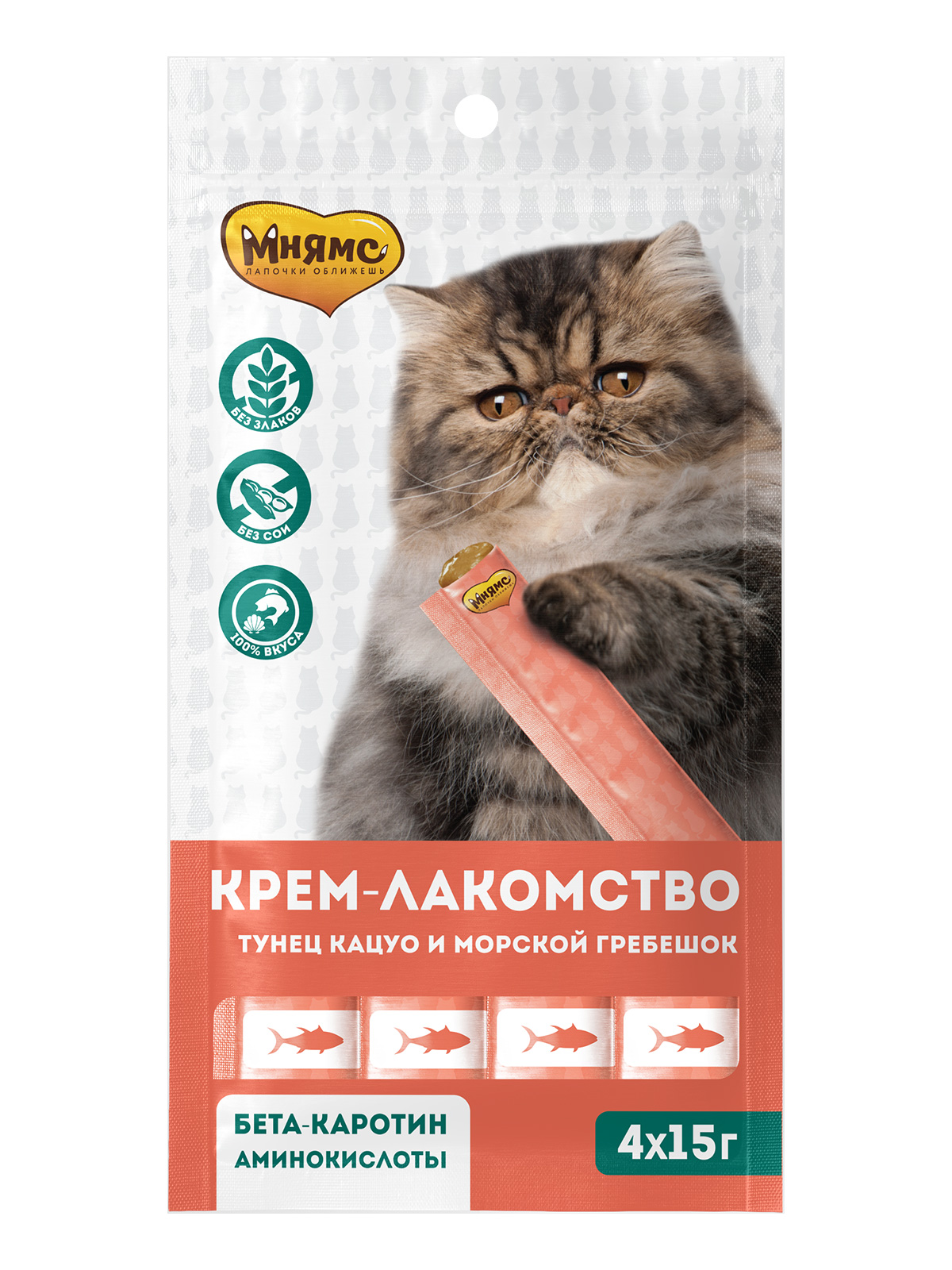 Крем-лакомство Мнямс для кошек с тунцом Кацуо и морским гребешком 15 г х 4 шт.