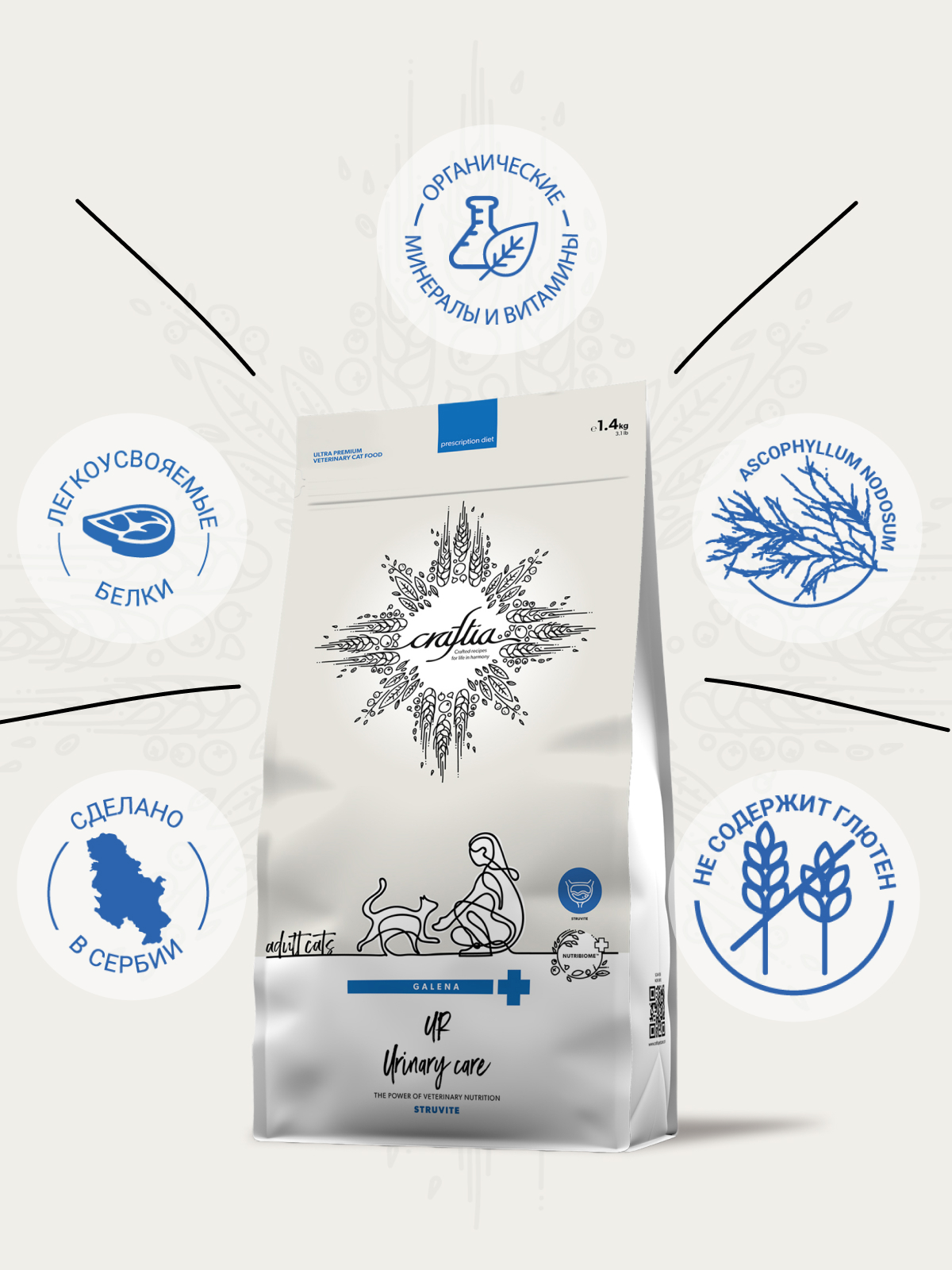 Ветеринарная диета CRAFTIA GALENA CAT URINARY CARE Уринари для кошек для растворения струвитных камней 1,4 кг