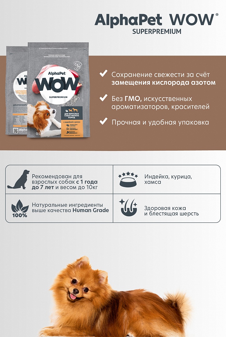 AlphaPet WOW Альфа Пет Сухой корм для собак мелких пород с индейкой и рисом 500г 4670064651379