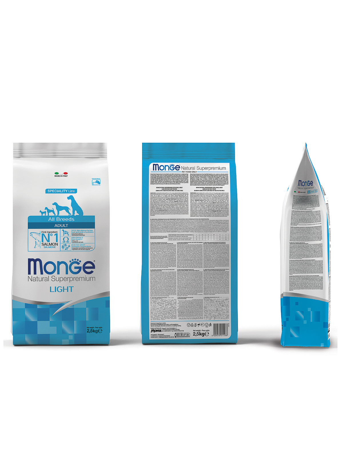 Сухой корм Monge Dog Speciality Line Light для взрослых собак всех пород, низкокалорийный, лосось с рисом 2,5 кг