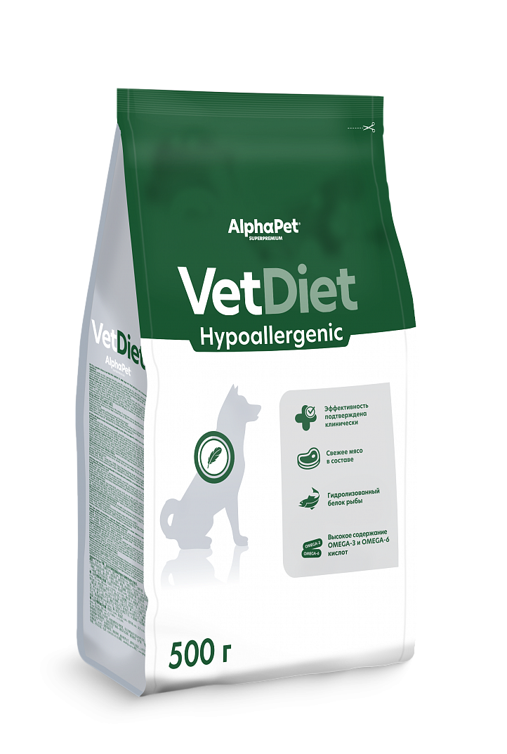 AlphaPet VetDiet Hypoallergenic Сухой корм для собак всех пород при пищeвой аллeргии 500 г