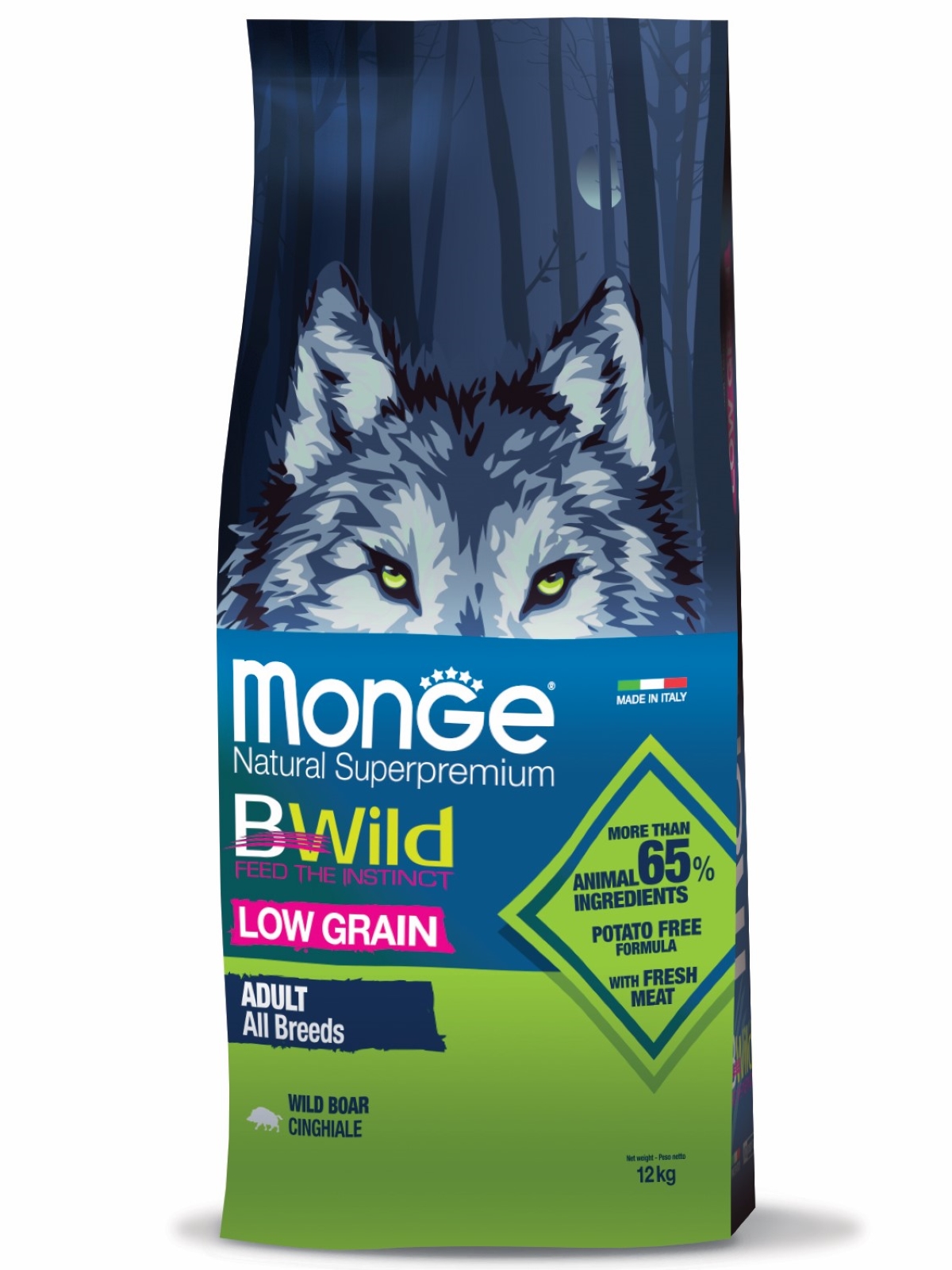 Сухой корм Monge Dog BWild LOW GRAIN для взрослых собак, низкозерновой, из мяса дикого кабана 12 кг