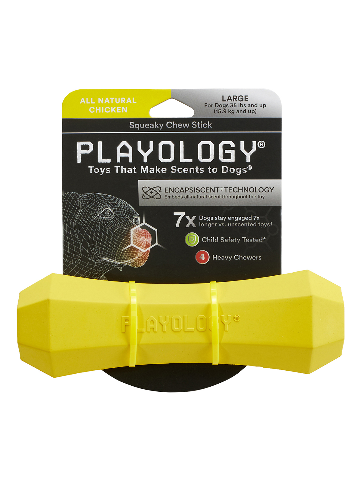 Playology  жевательная палочка SQUEAKY CHEW STICK для собак средних и крупных пород с ароматом курицы, большая, цвет желтый