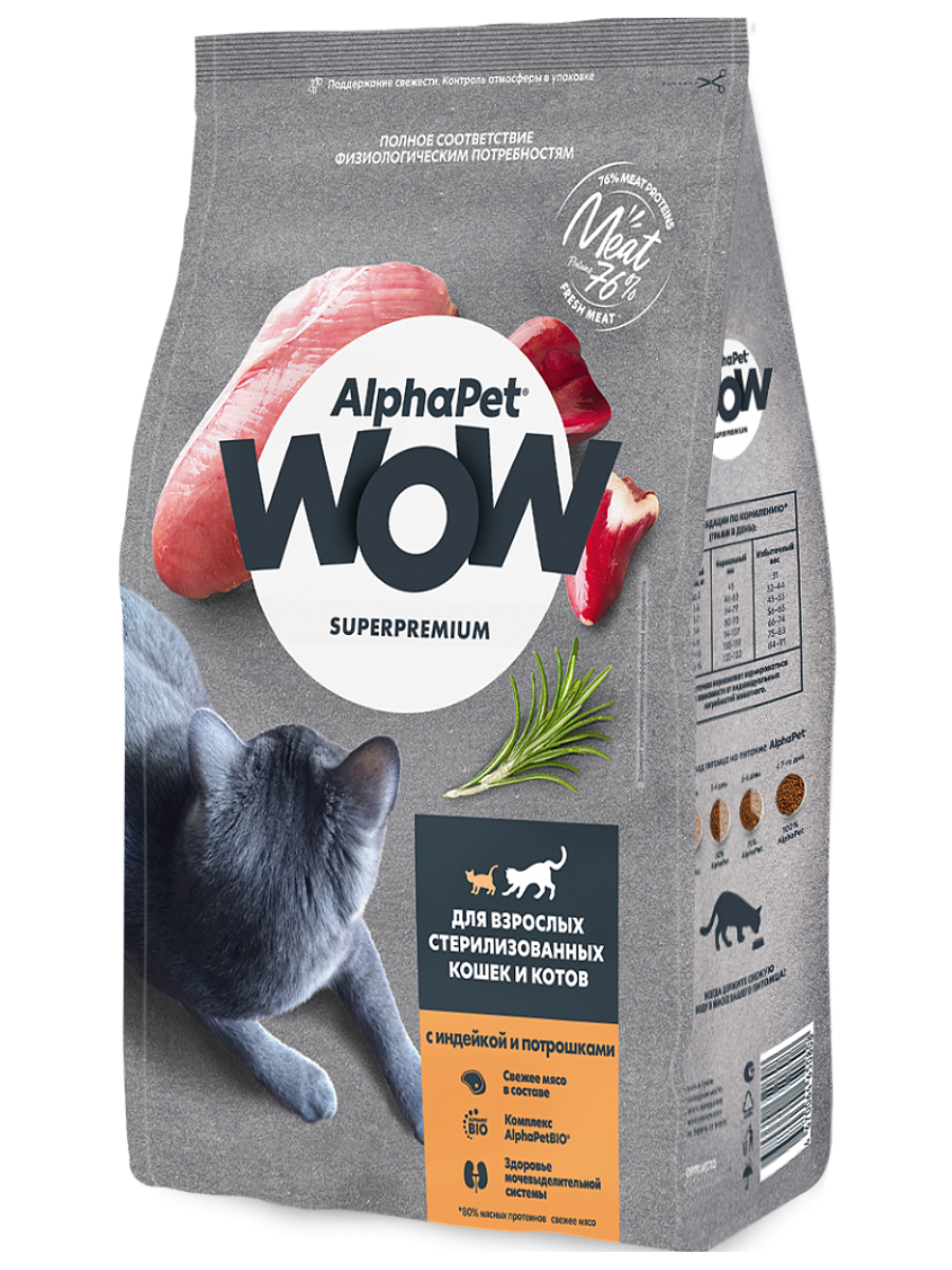 AlphaPet Альфа Пет WOW Сухой корм для стерилизованных кошек c индейкой и потрошками 750г 4670064650761
