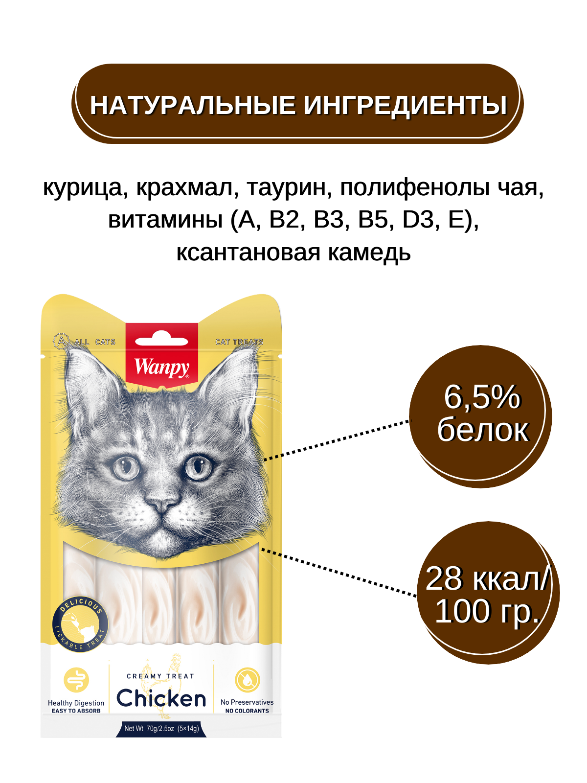 Wanpy Cat Лакомство для кошек нежное пюре из курицы 70 г