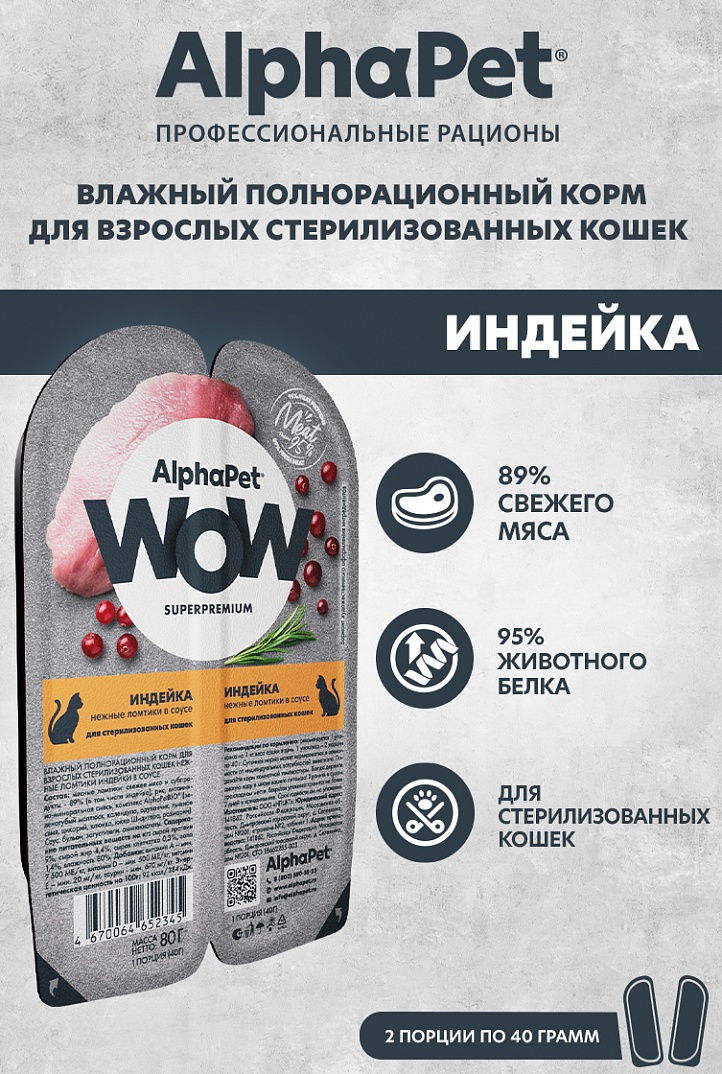 AlphaPet WOW Влажный корм для стерилизованных кошек, индейка в соусе, 80г 4670064652345