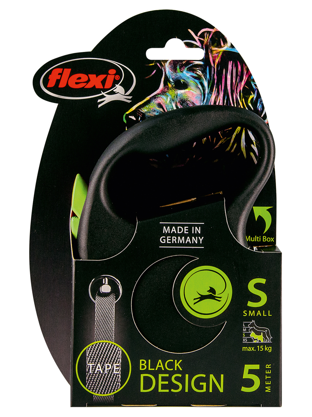 Flexi FLEXI BLACK DESIGN S 5 м до 15 кг рулетка черная зеленый дизайн ремень