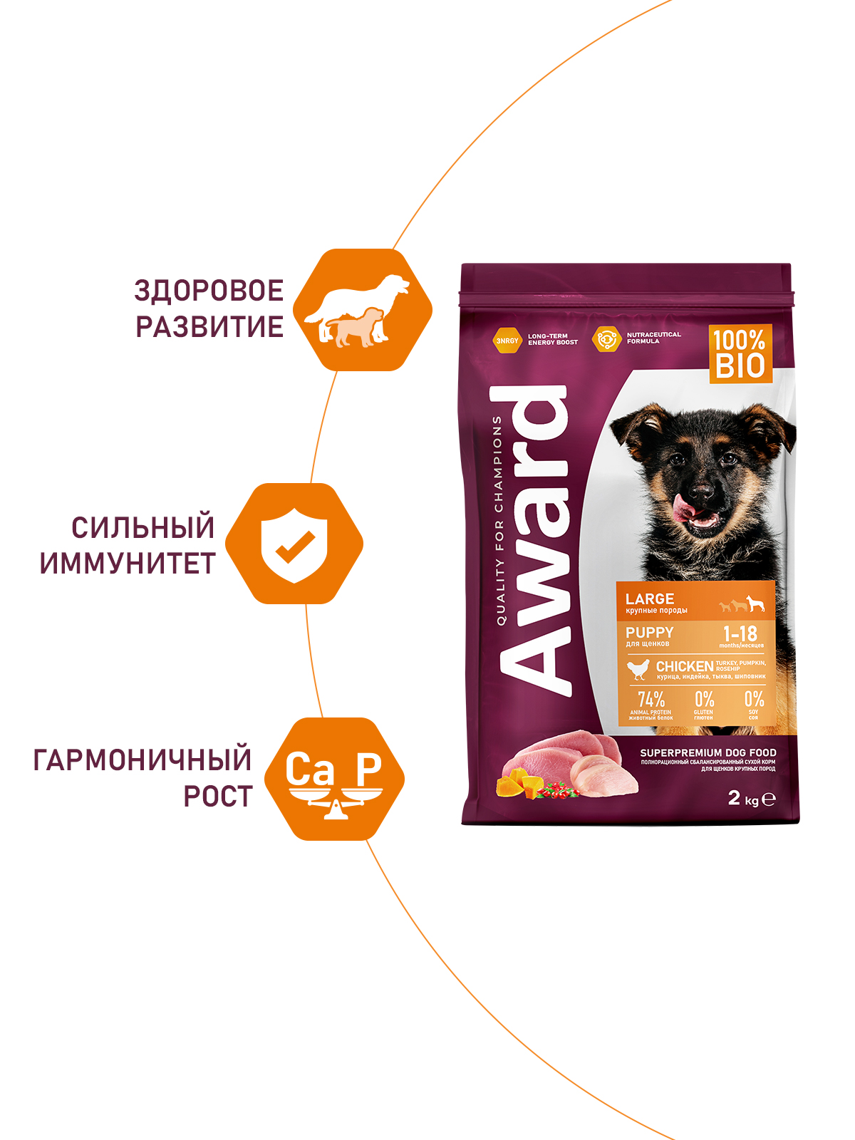 Сухой корм AWARD для щенков от 1 месяца крупных пород с курицей и индейкой с добавлением тыквы и шиповника 2кг