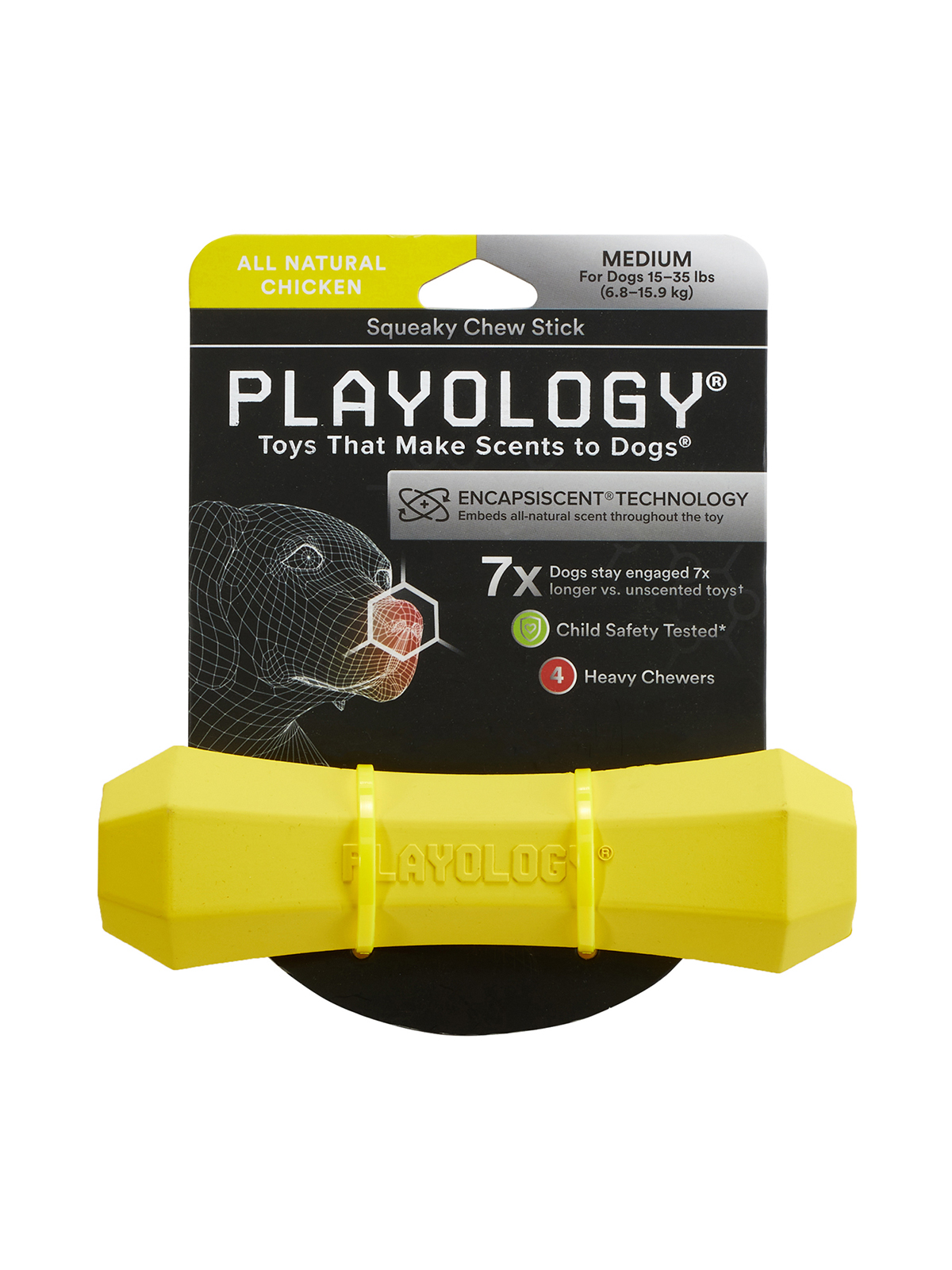 Playology  жевательная палочка SQUEAKY CHEW STICK для собак средних пород с ароматом курицы, средняя, цвет желтый