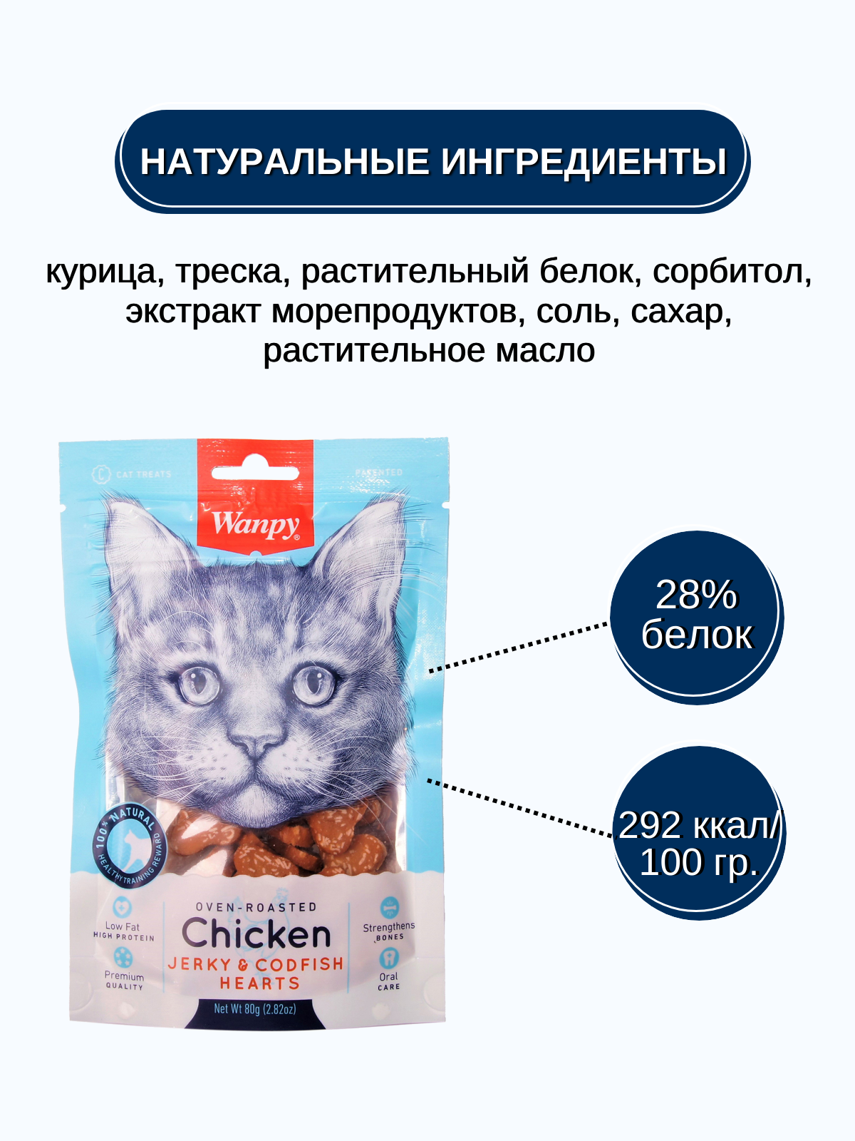 Wanpy Cat Лакомство для кошек сердечки из курицы с треской 80 г