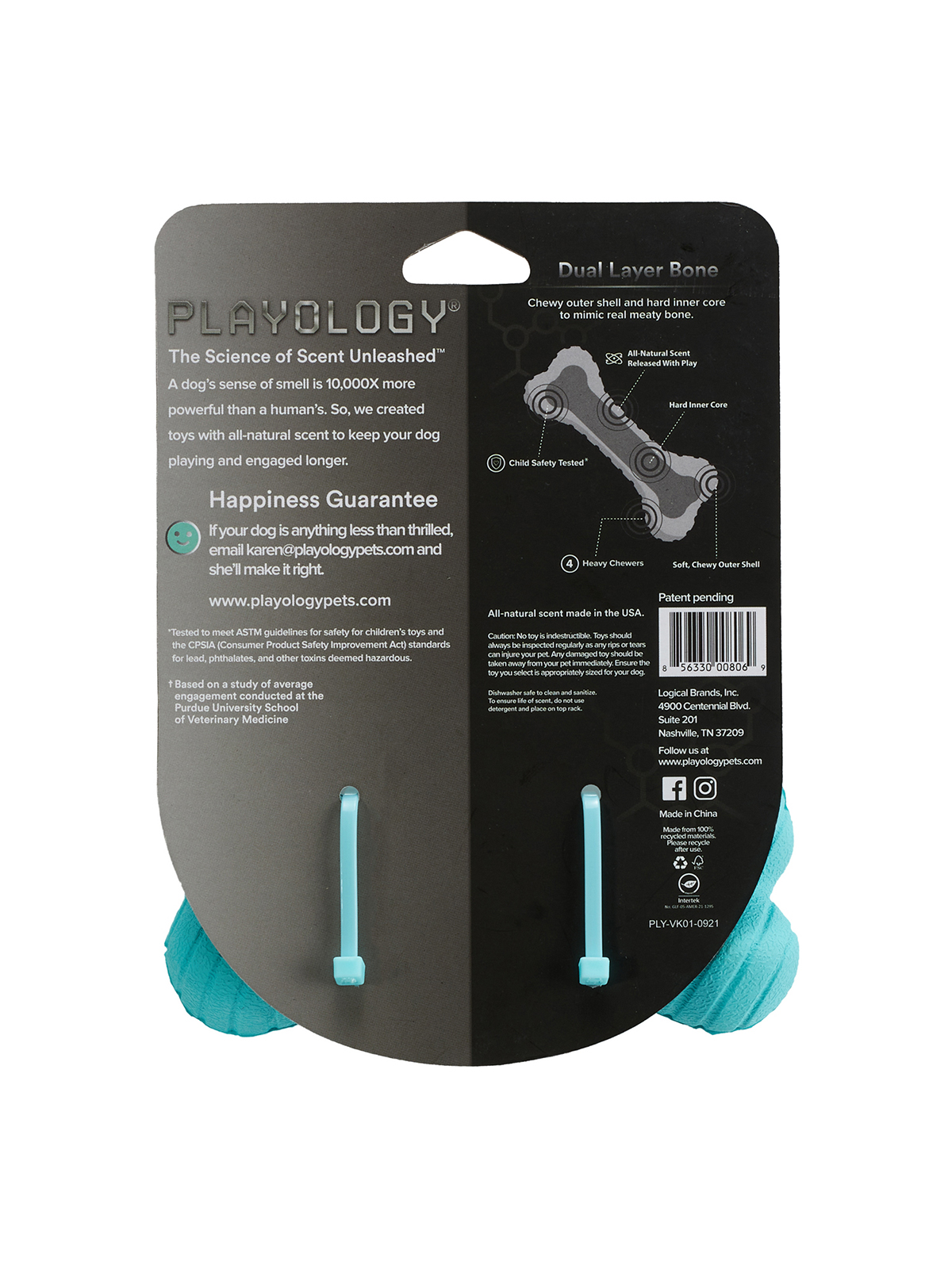 Playology двухслойная жевательная косточка DUAL LAYER BONE для собак средних и крупных пород с ароматом арахиса, большая, цвет голубой