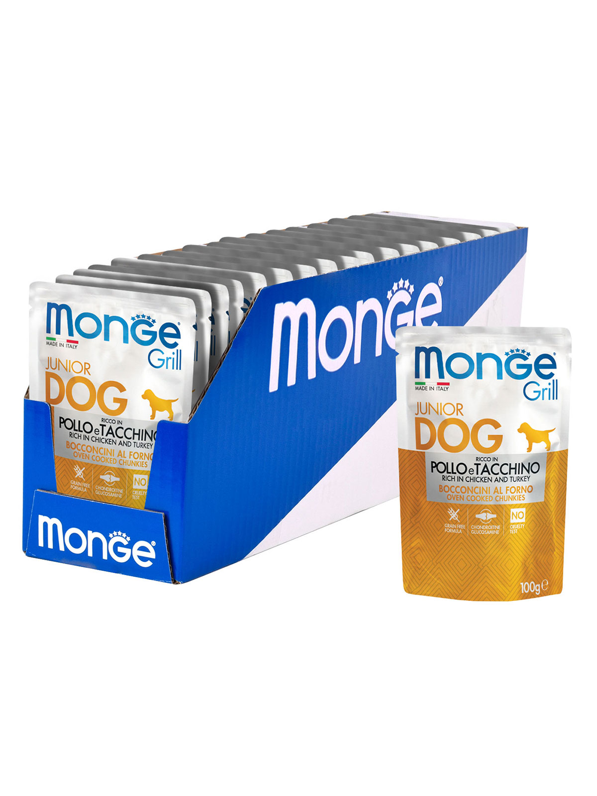 Влажный корм Monge Dog Grill Puppy&Junior для щенков с курицей и индейкой, паучи 100 г
