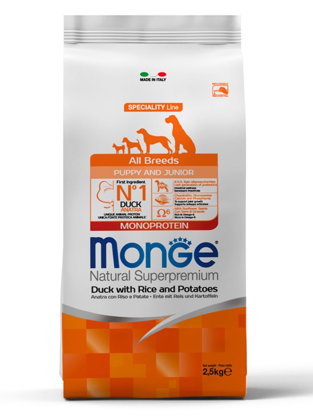 Сухой корм Monge Dog Speciality Line Monoprotein для щенков всех пород, из утки с рисом и картофелем 2,5 кг