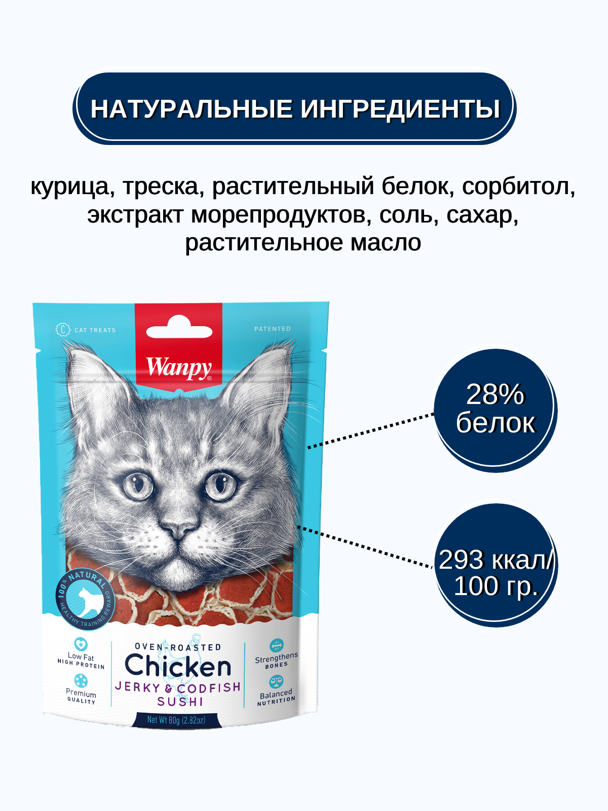 Wanpy Cat Лакомство для кошек суши из курицы с треской 80 г