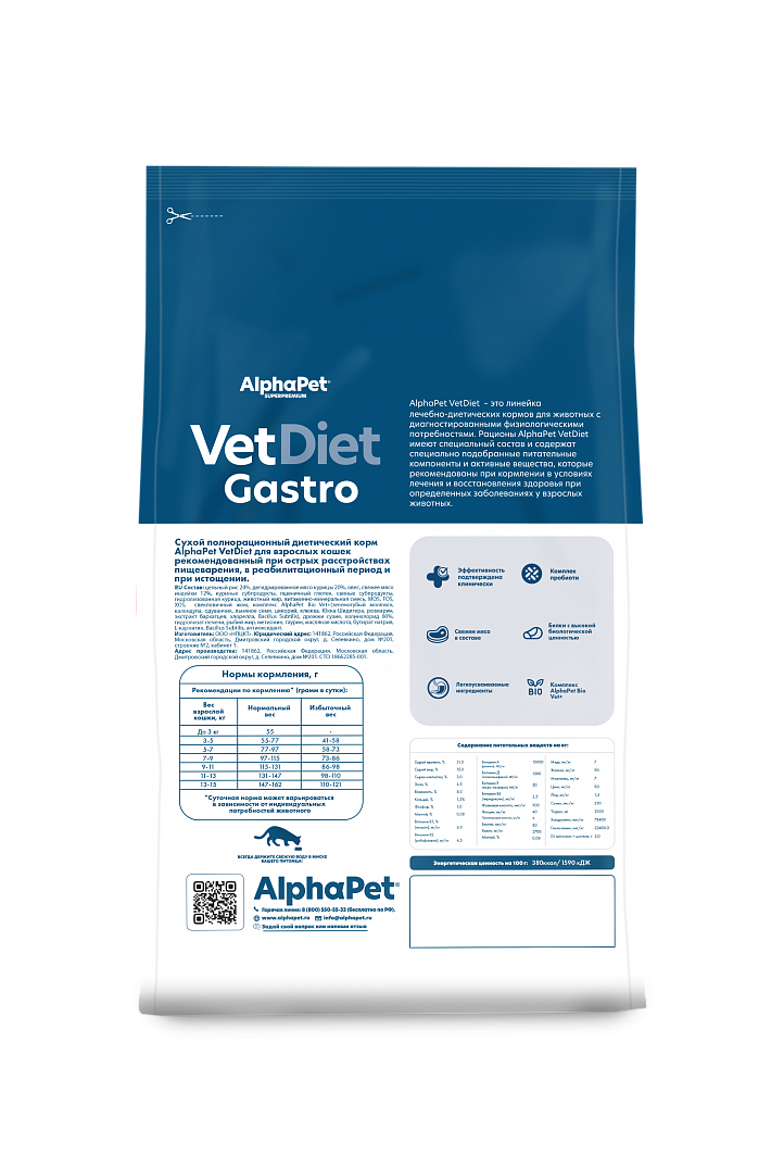 AlphaPet VetDiet Gastro Сухой корм для кошек при расстройствах пищeварения 1,5кг