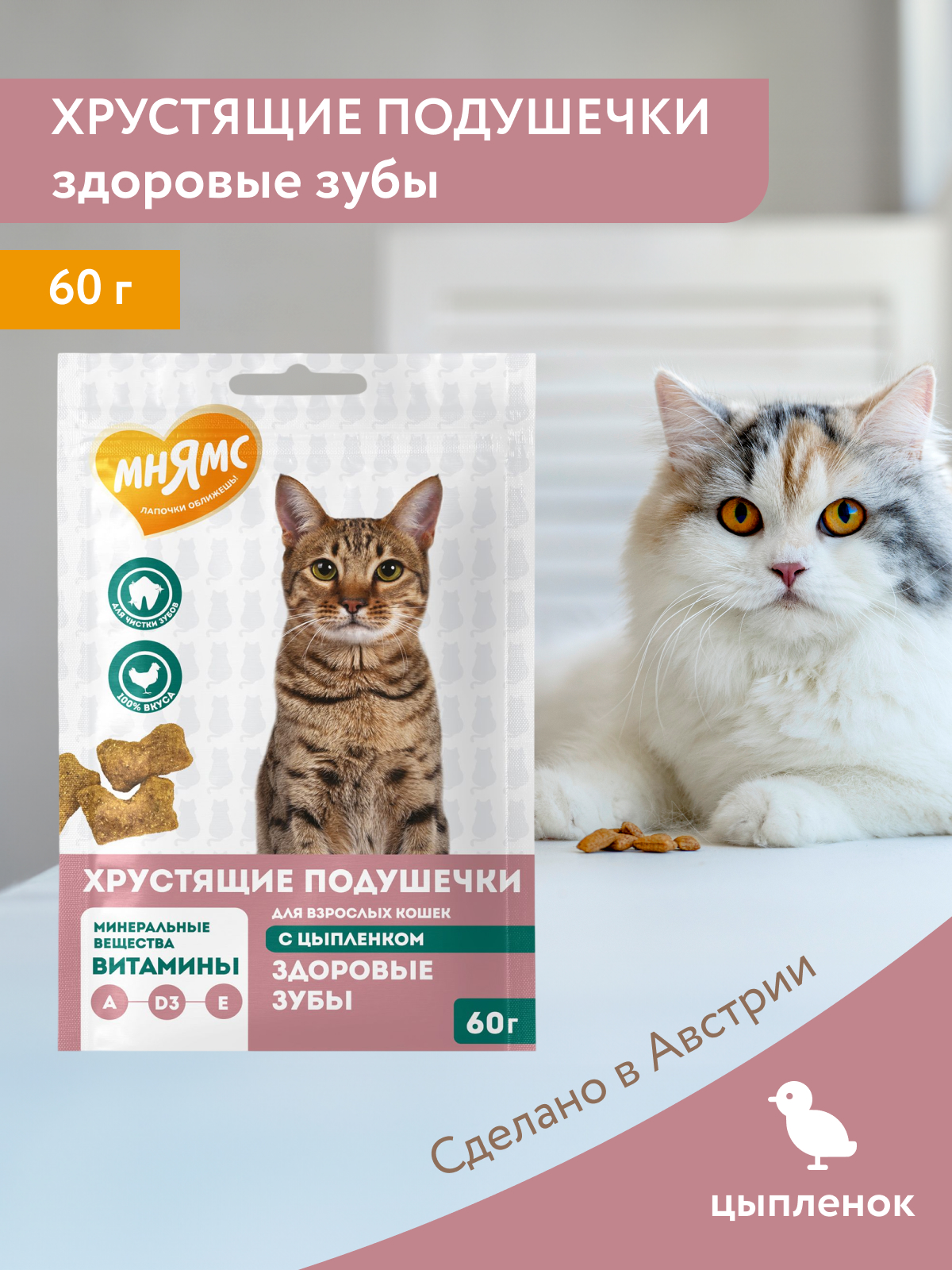 Лакомство Мнямс "Здоровые зубы" хрустящие подушечки для кошек с цыпленком 60 г.