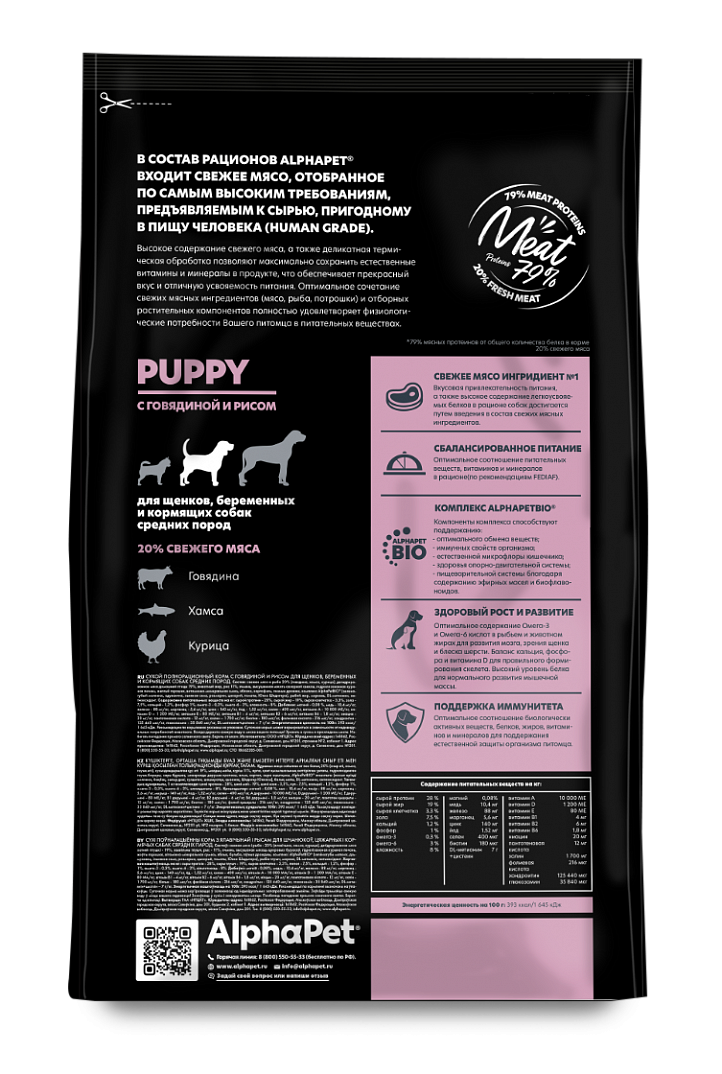 AlphaPet Superpremium Сухой корм для щенков средних пород с говядиной и рисом 900 гр 4670064651607