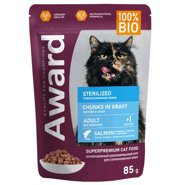 AWARD Влажный корм для стерилизованных кошек с лососем 24шт-85г 4630147177028 4630147179312