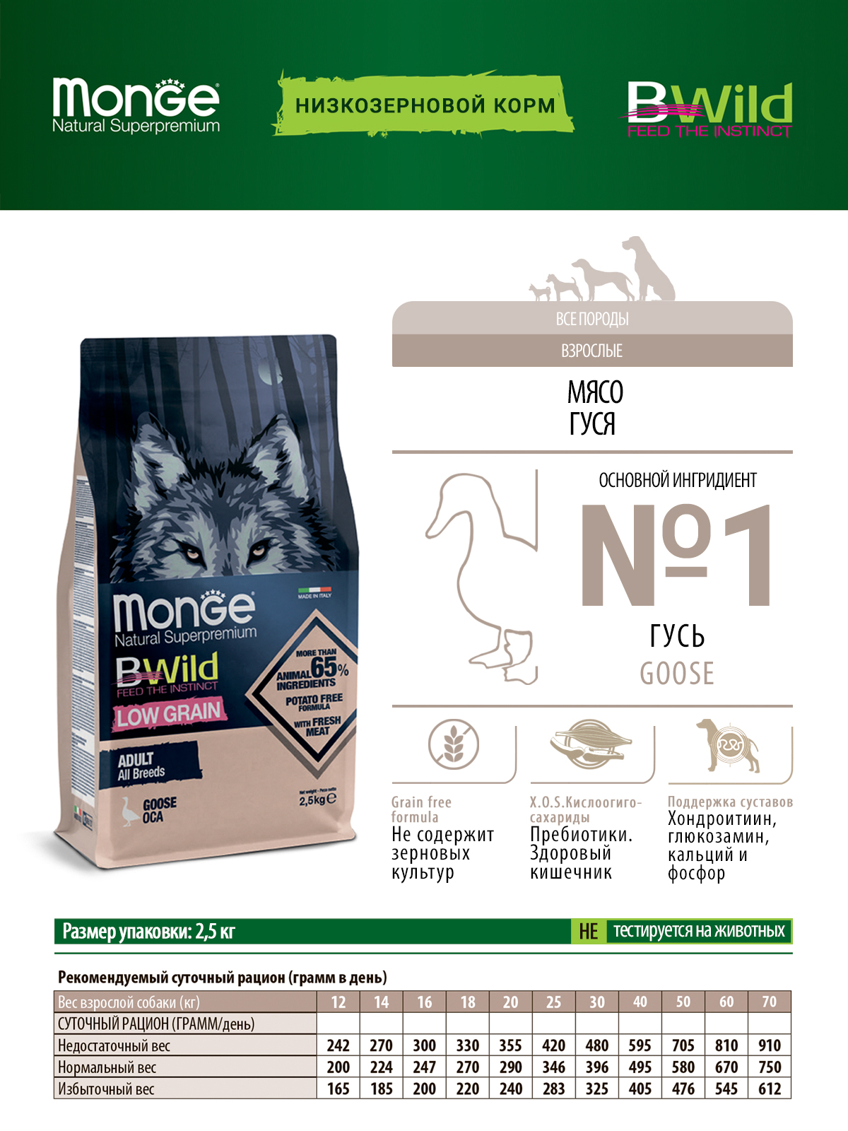 Сухой корм Monge Dog BWild LOW GRAIN для взрослых собак, низкозерновой, из мяса гуся 2,5 кг