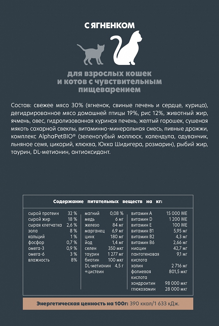 AlphaPet Альфа Пет Superpremium сухой корм для кошек с чувствительным пищеварением с Ягненком 400г 4670064651010