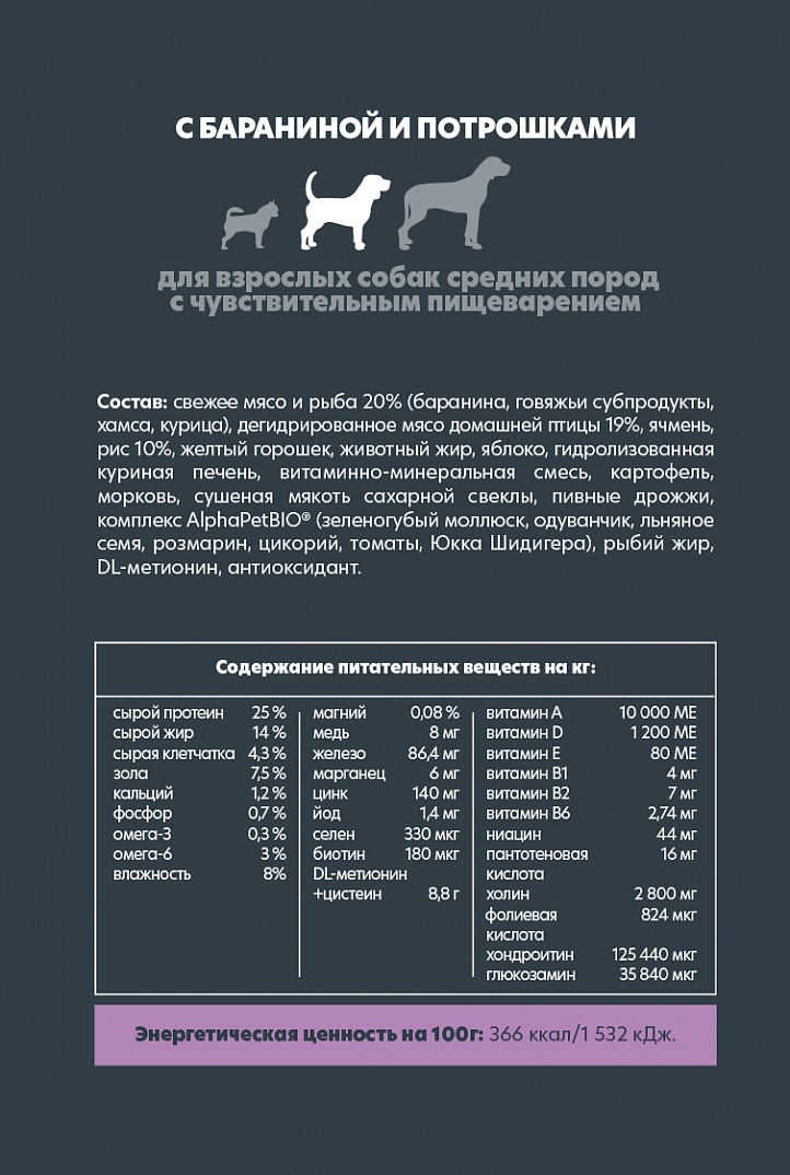 AlphaPet Superpremium Сухой корм для собак средних пород с чувствительным пищеварением с бараниной и потрошками 2 кг 4670064651430