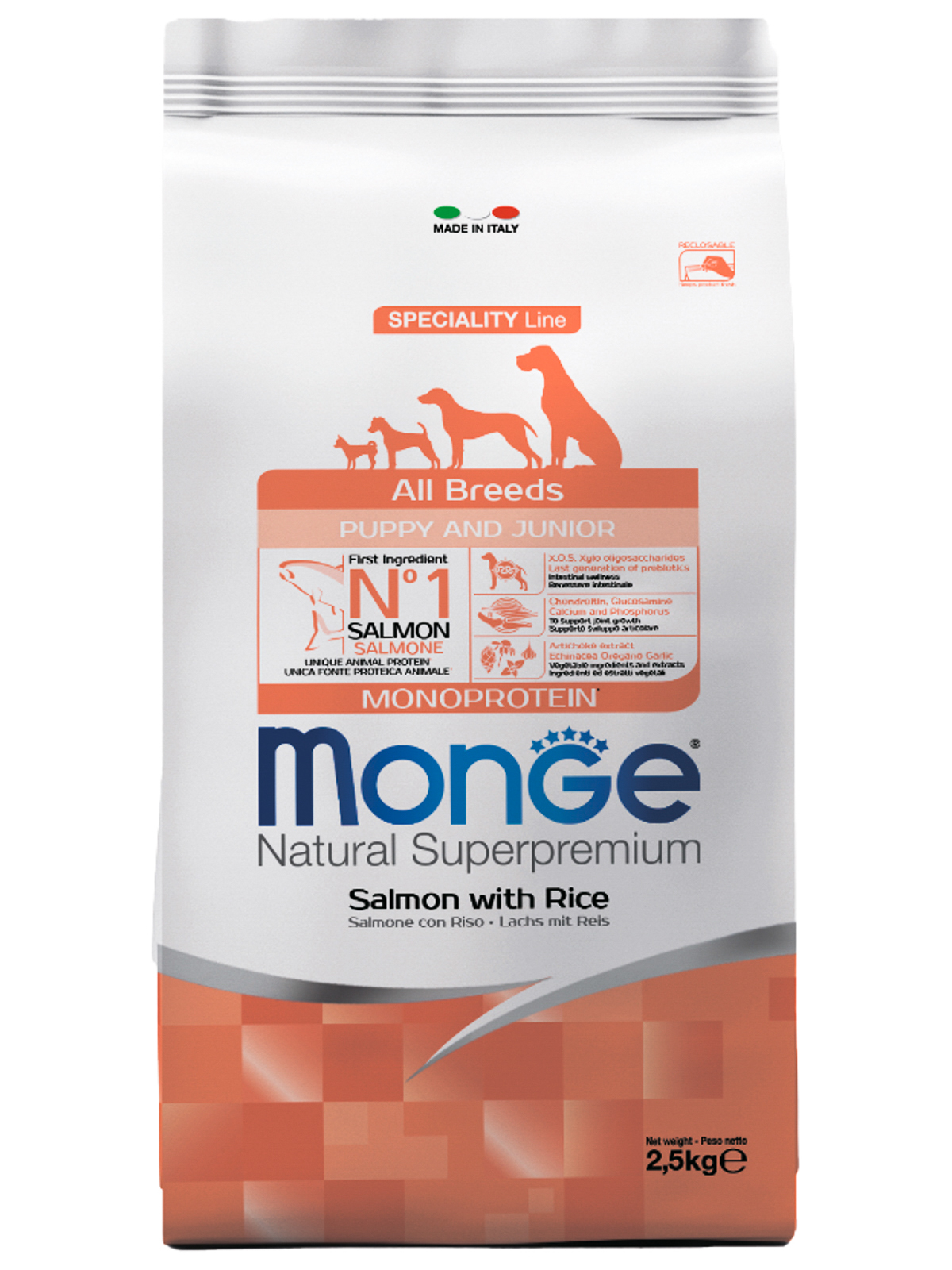 Сухой корм Monge Dog Speciality Line Monoprotein Puppy&Junior для щенков всех пород, из лосося с рисом 2,5 кг