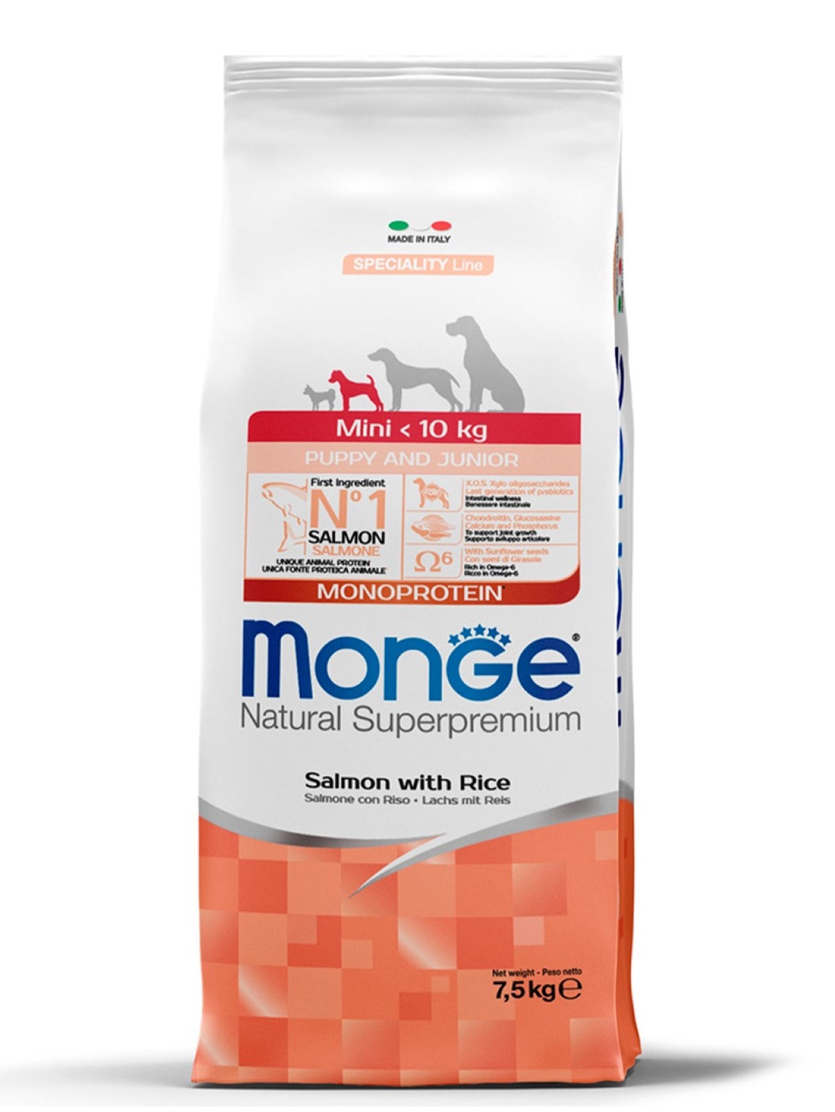 Сухой корм Monge Dog Speciality Line Monoprotein для щенков мелких пород, из лосося с рисом 7,5 кг