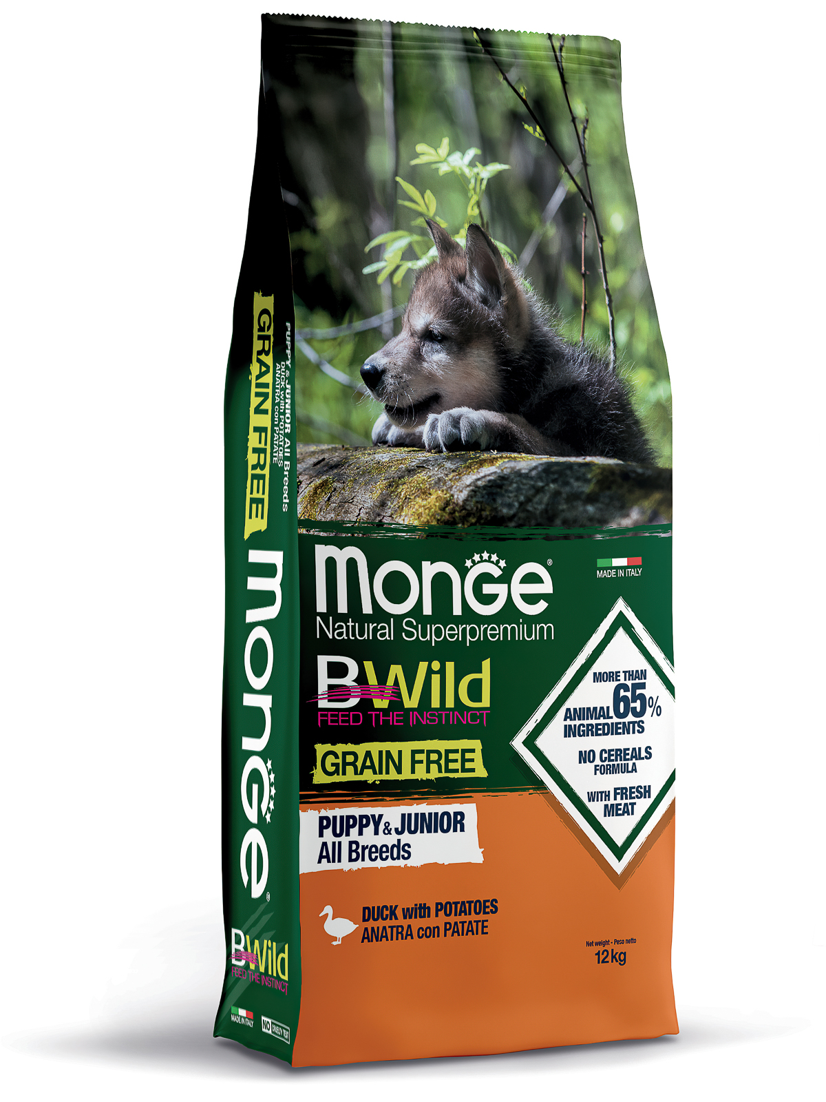 Сухой корм Monge Dog BWild GRAIN FREE Puppy & Junior для щенков, беззерновой, из мяса утки с картофелем 12 кг