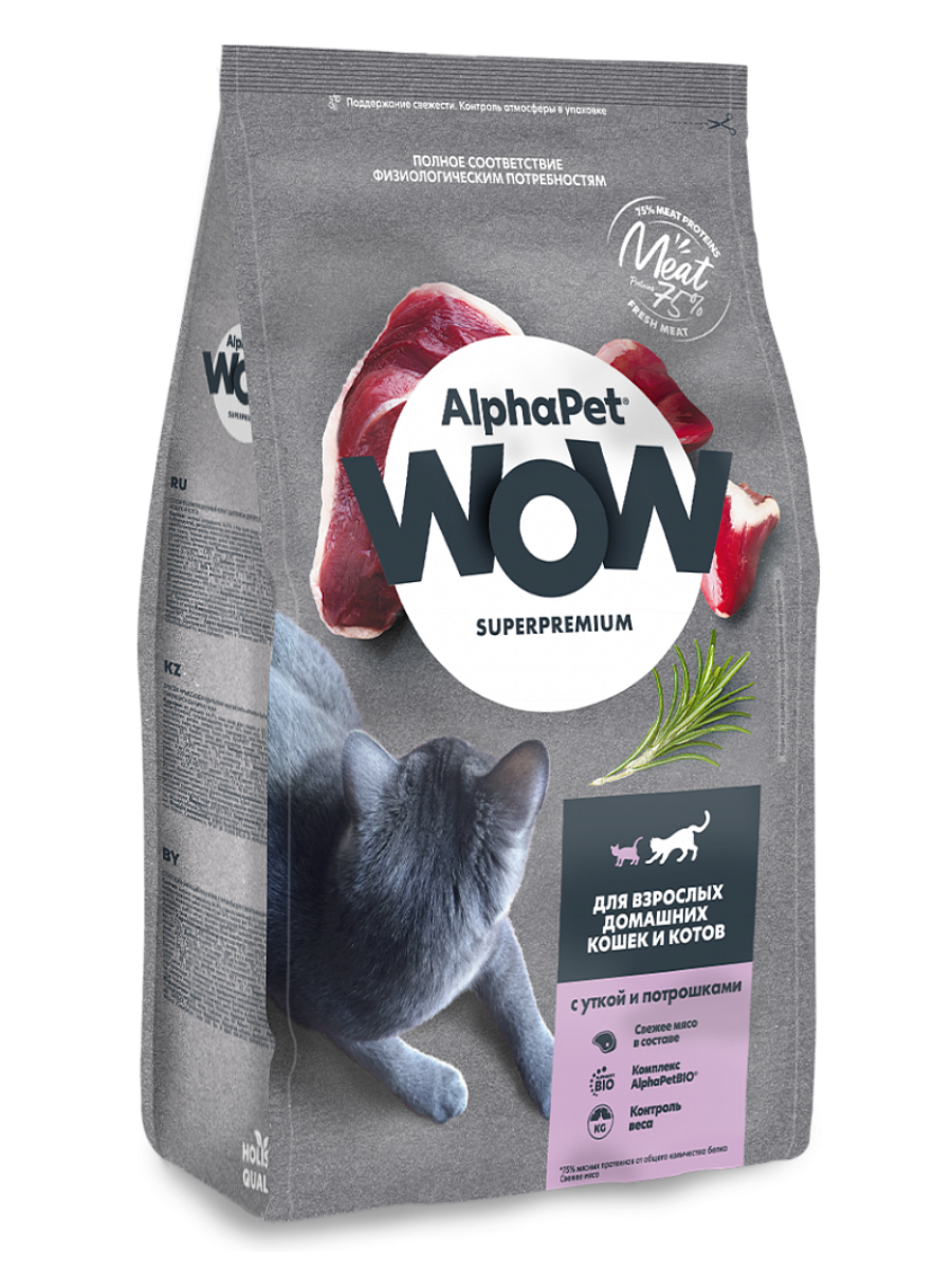 AlphaPet Альфа Пет WOW Сухой корм для домашних кошек c уткой и потрошками 1,5 кг 4670064650648