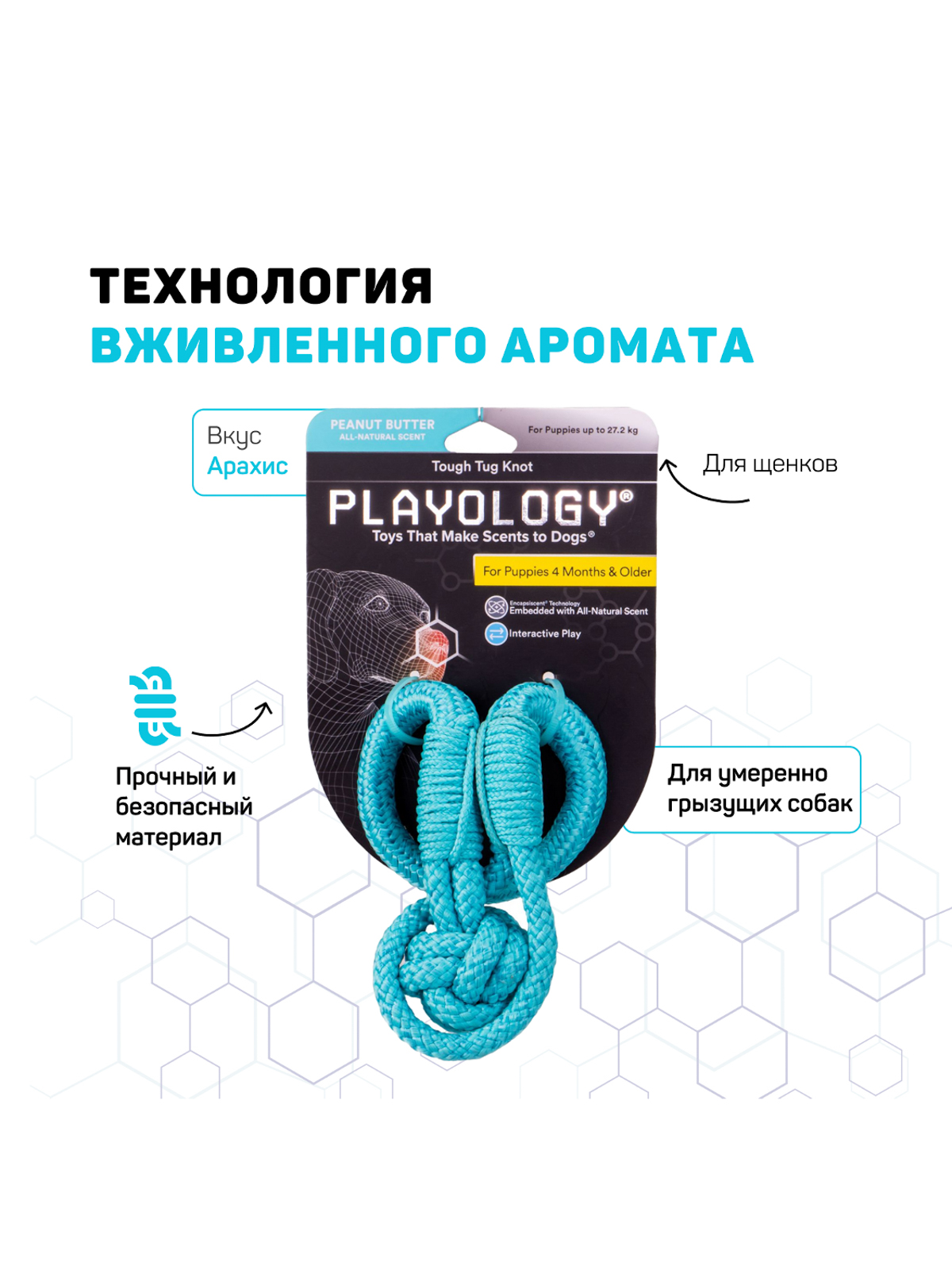 Playology жевательный канат TOUGH TUG KNOT для щенков 4-8 месяцев с ароматом арахиса, цвет голубой