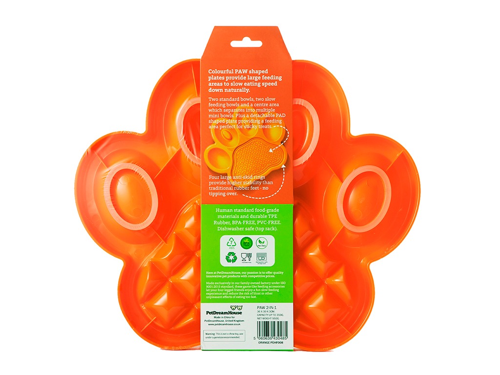 Миска Лапа для медленного кормления 2в1, оранжевая / PetDreamHouse PAW 2-IN-1 Slow Feeder & Lick Pad Orange Easy, 540 г