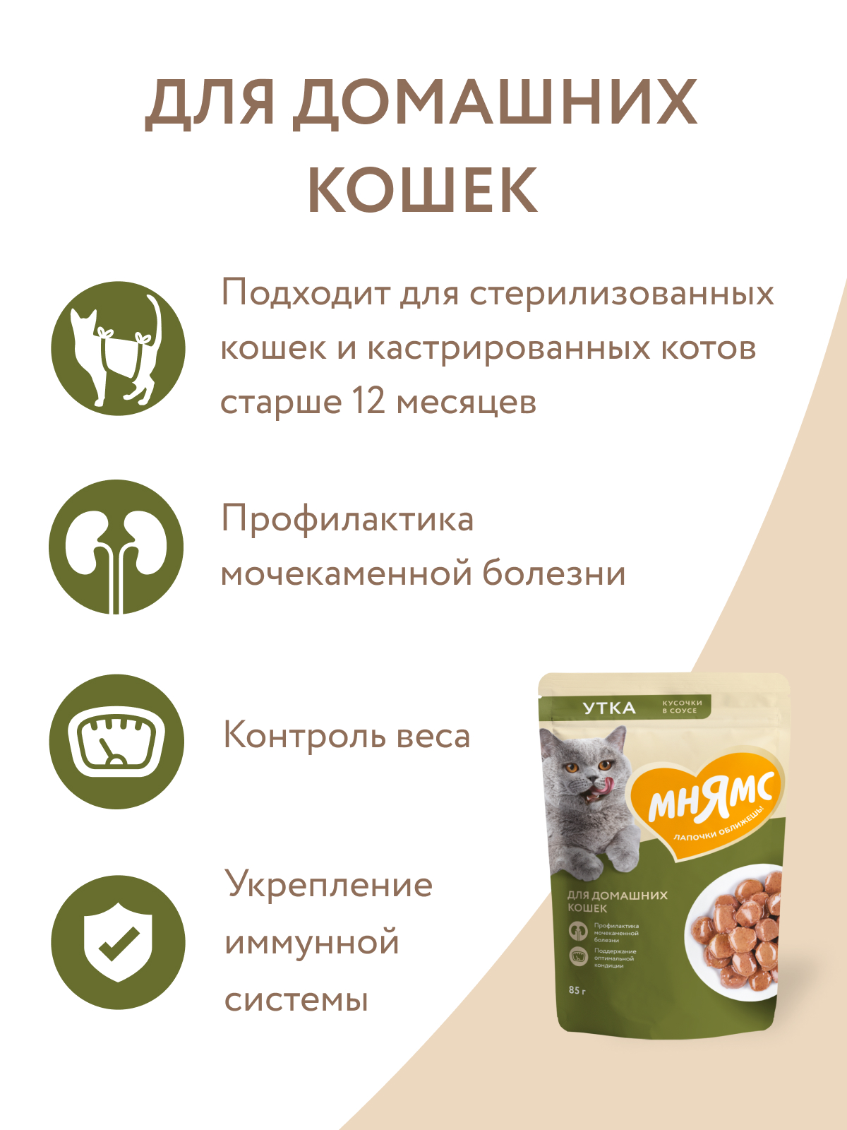 Мнямс Влажный корм для домашних кошек, кусочки в соусе с уткой, 85 г