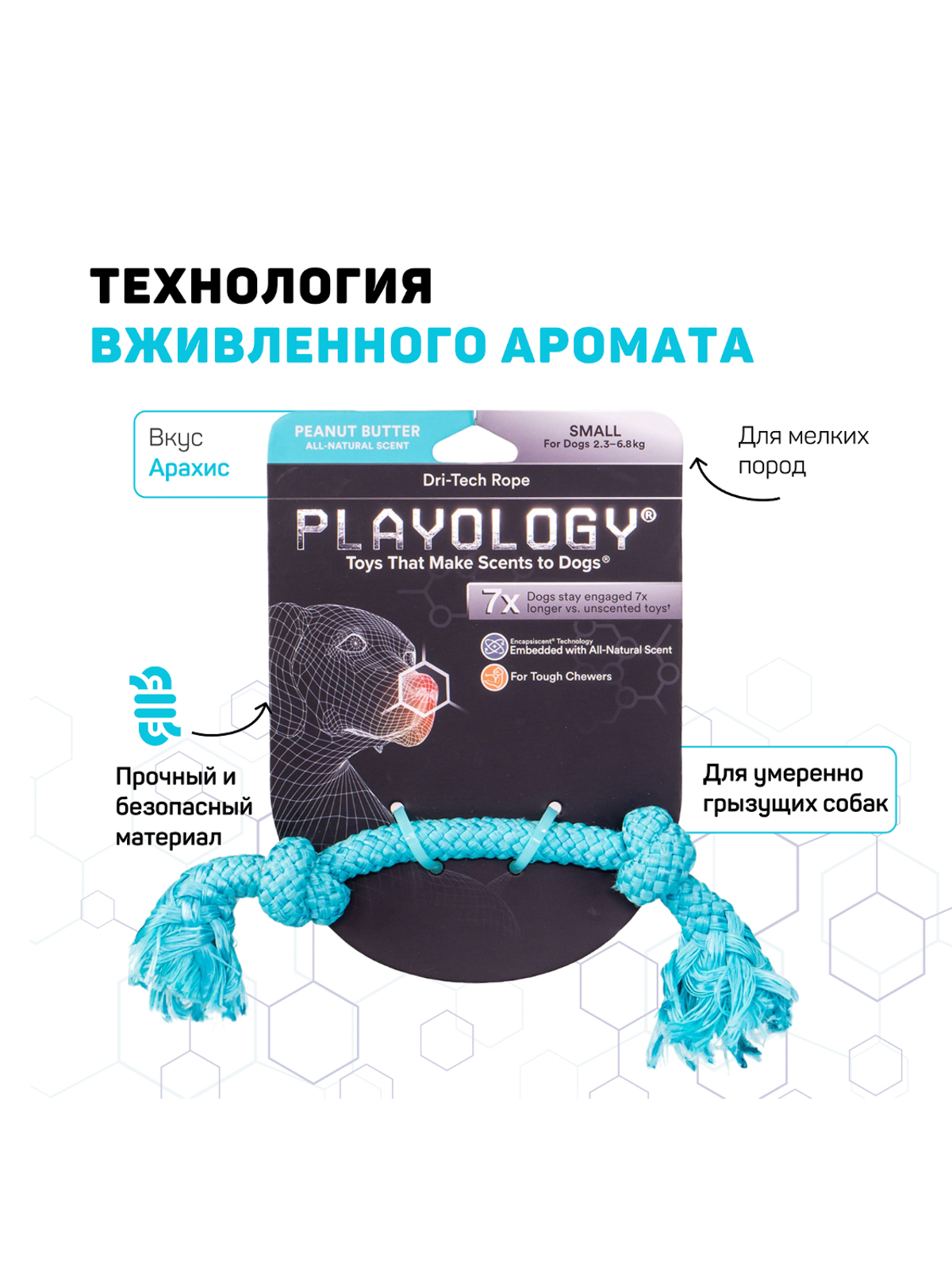 Playology жевательный канат DRI-TECH ROPE для собак мелких пород с ароматом арахиса, маленький, цвет голубой