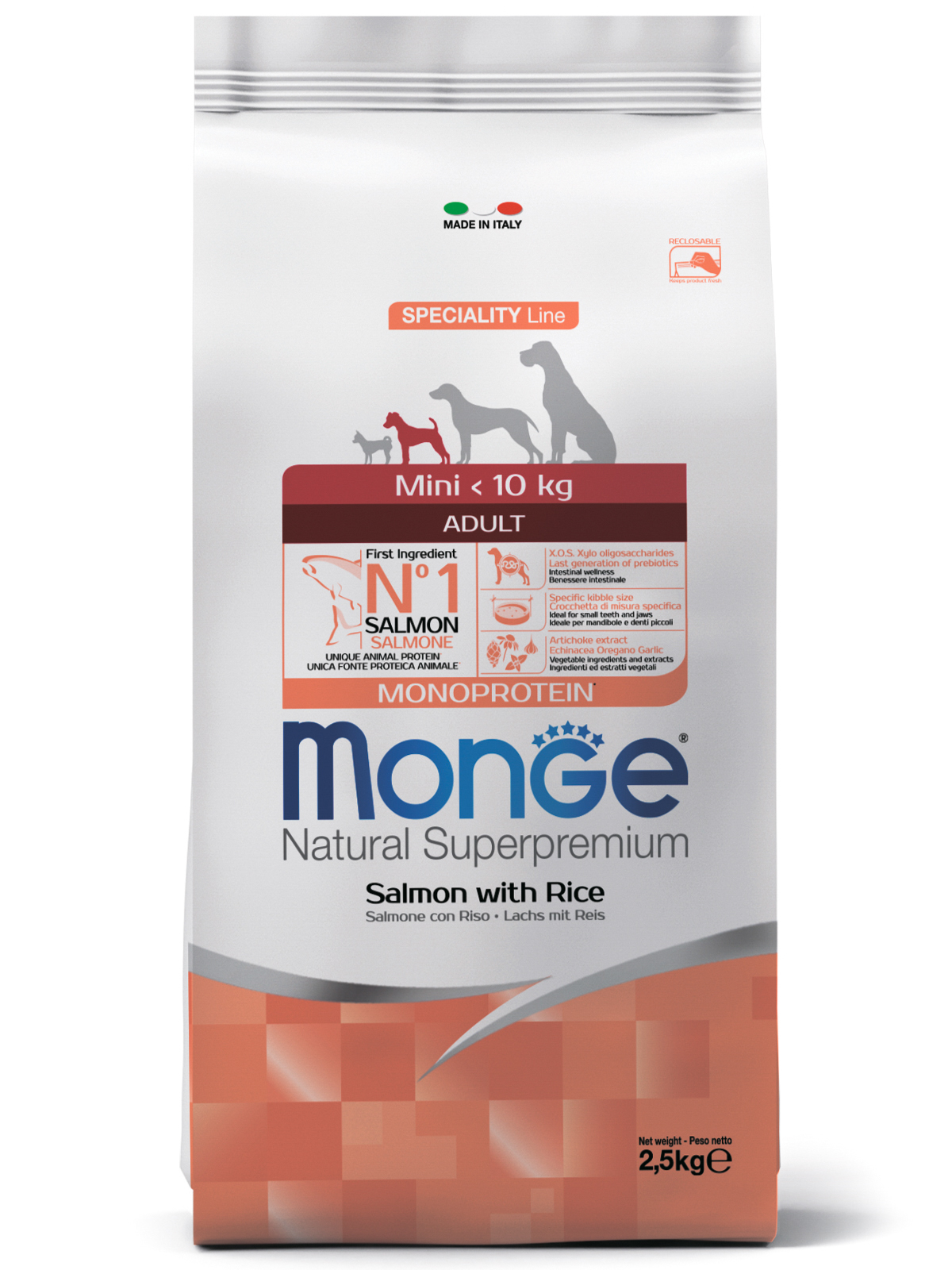 Сухой корм Monge Dog Speciality Line Monoprotein Mini для взрослых собак мелких пород, из лосося с рисом 2,5 кг