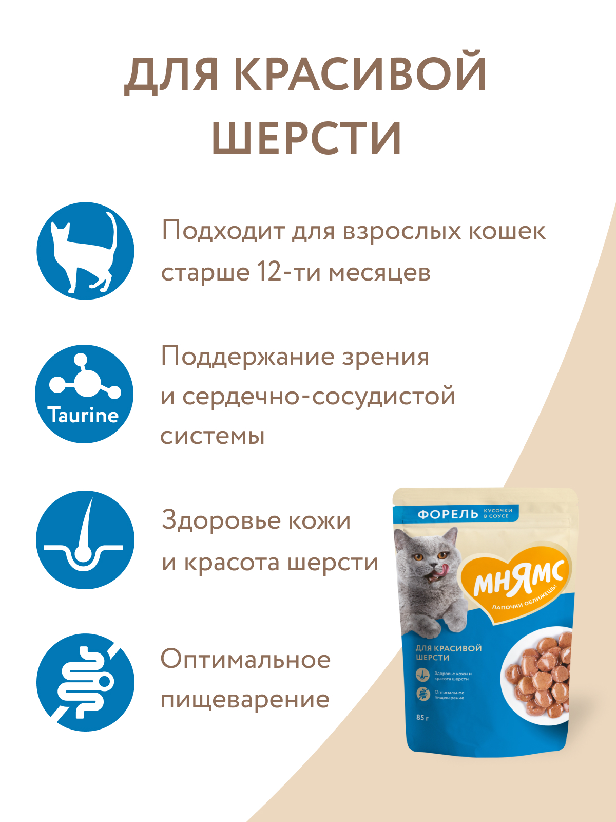 Мнямс Влажный корм для красивой шерсти кошек, кусочки в соусе с форелью, 85 г