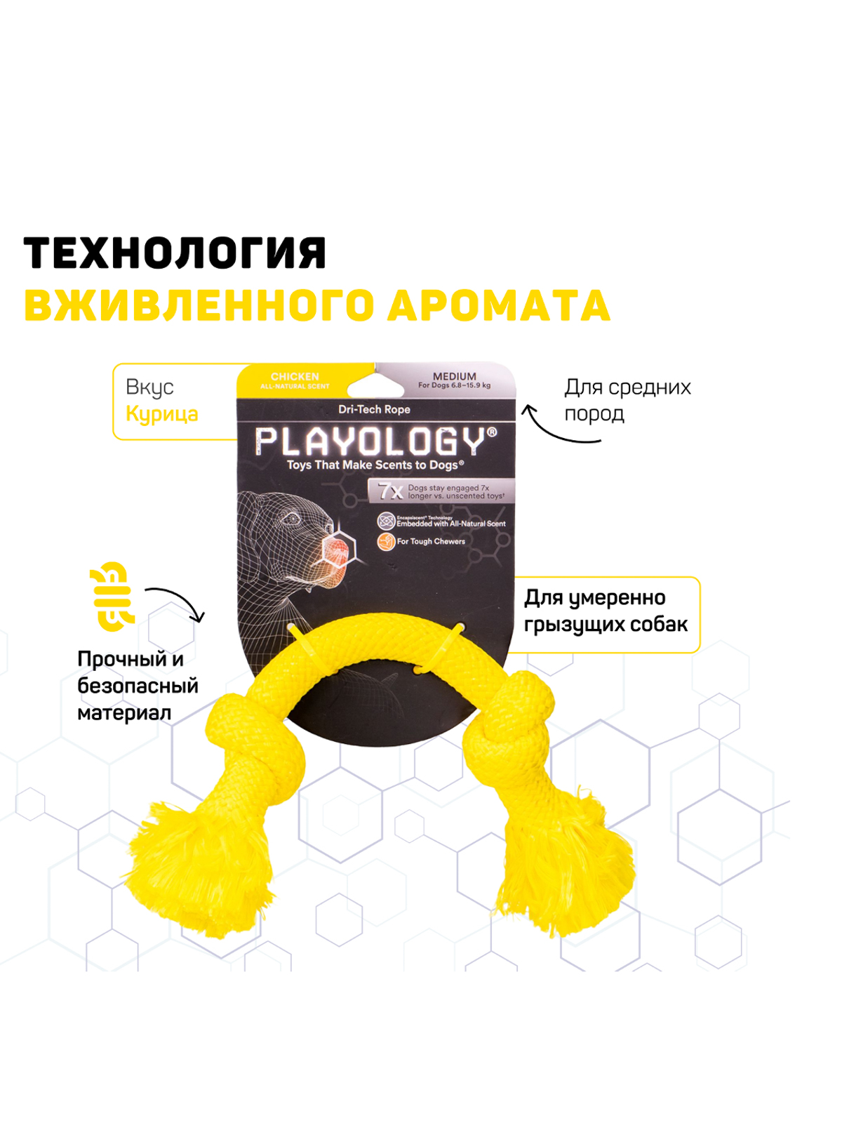 Playology жевательный канат DRI-TECH ROPE для собак средних пород с ароматом курицы, средний, цвет желтый