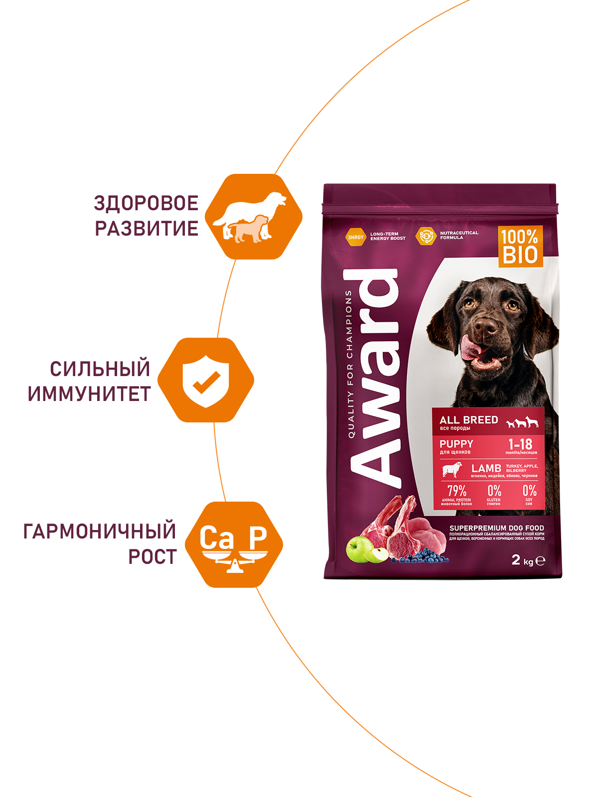 Сухой корм AWARD для щенков от 1 месяца, беременных и кормящих сук всех пород с ягненком и индейкой с добавлением яблока и черники 2кг