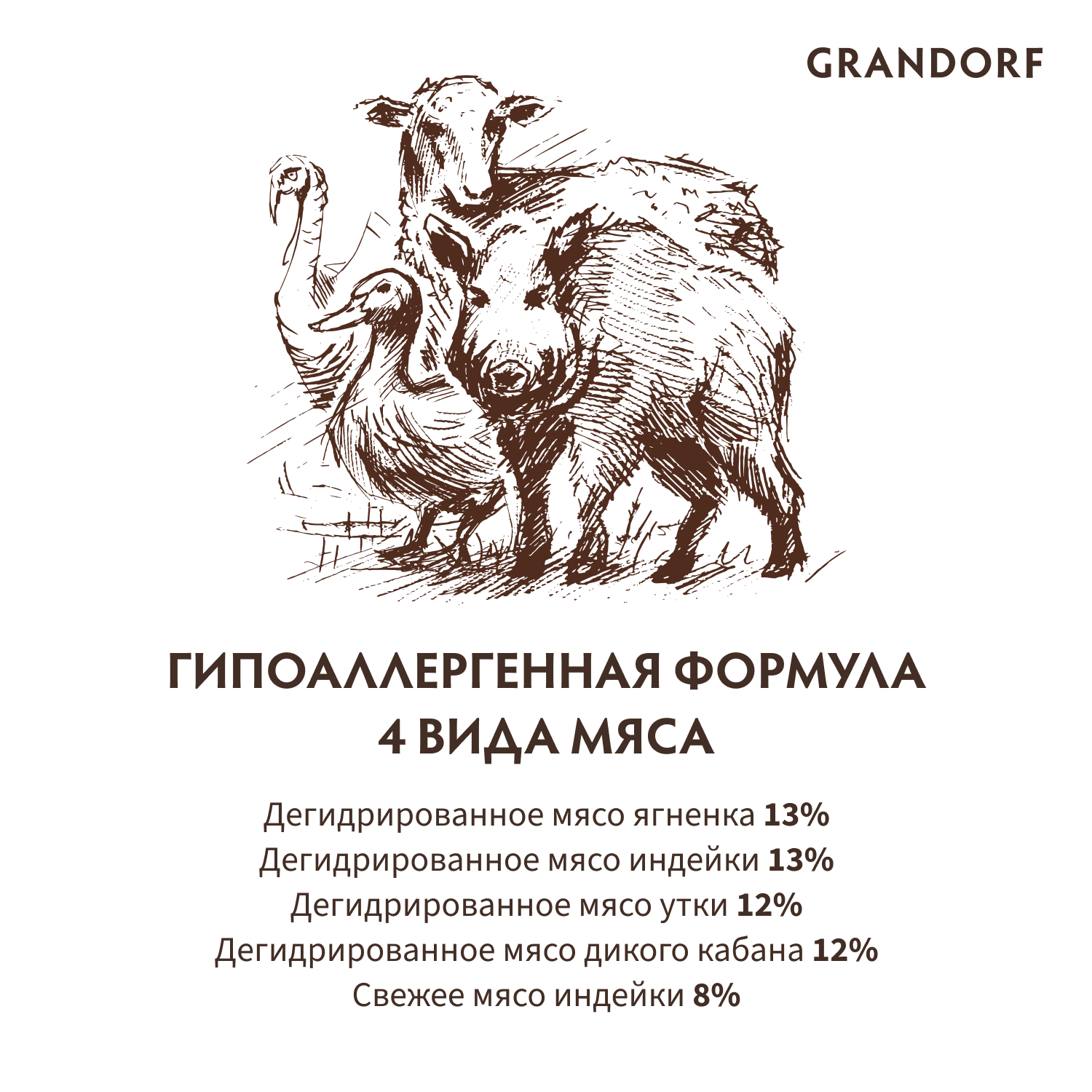 Grandorf Сухой корм для мелких собак 4 вида мяса 1 кг 5407007851096