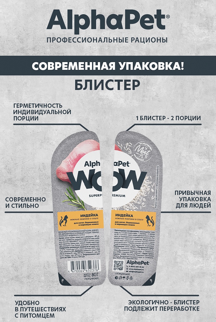 AlphaPet Альфа Пет WOW Влажный корм для котят, беременных и кормящих кошек нежные ломтики в соусе Индейки 80г 4670064652376