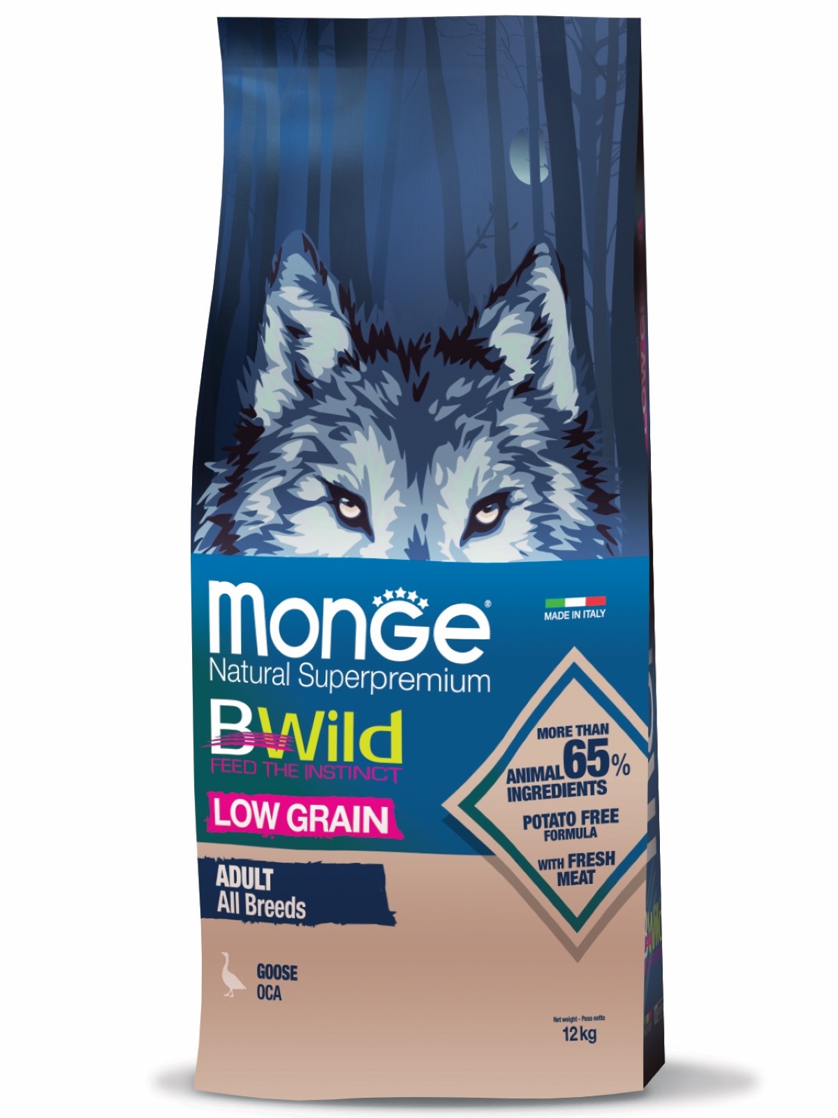 Сухой корм Monge Dog BWild LOW GRAIN для взрослых собак, низкозерновой, из мяса гуся 12 кг