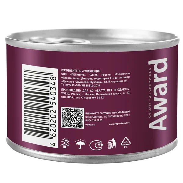 AWARD Влажный корм для собак паштет из утки с брусникой 12шт-200г 4620202540539