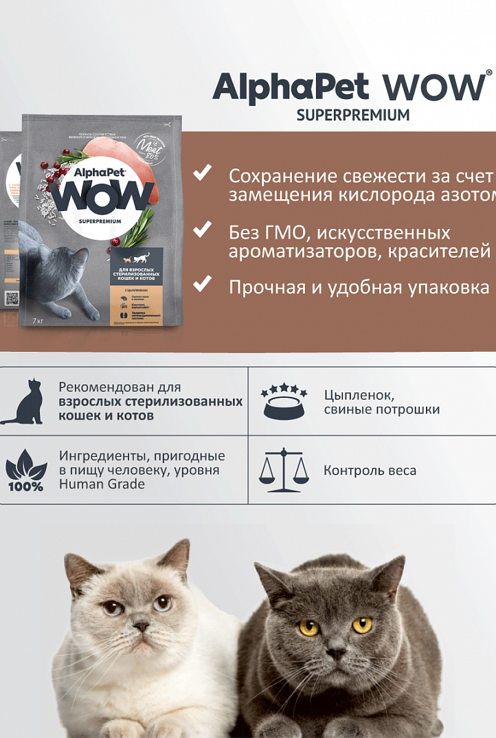 AlphaPet Альфа Пет WOW Сухой корм для стерилизованных кошек c Цыпленком 1,5кг 4670064650877