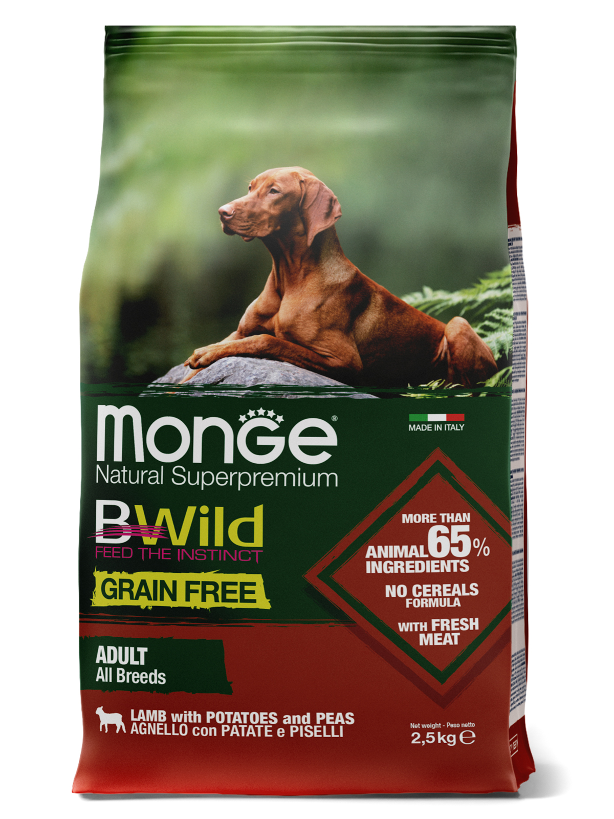 Сухой корм Monge Dog BWild GRAIN FREE для собак, беззерновой, из мяса ягненка с картофелем 2,5 кг