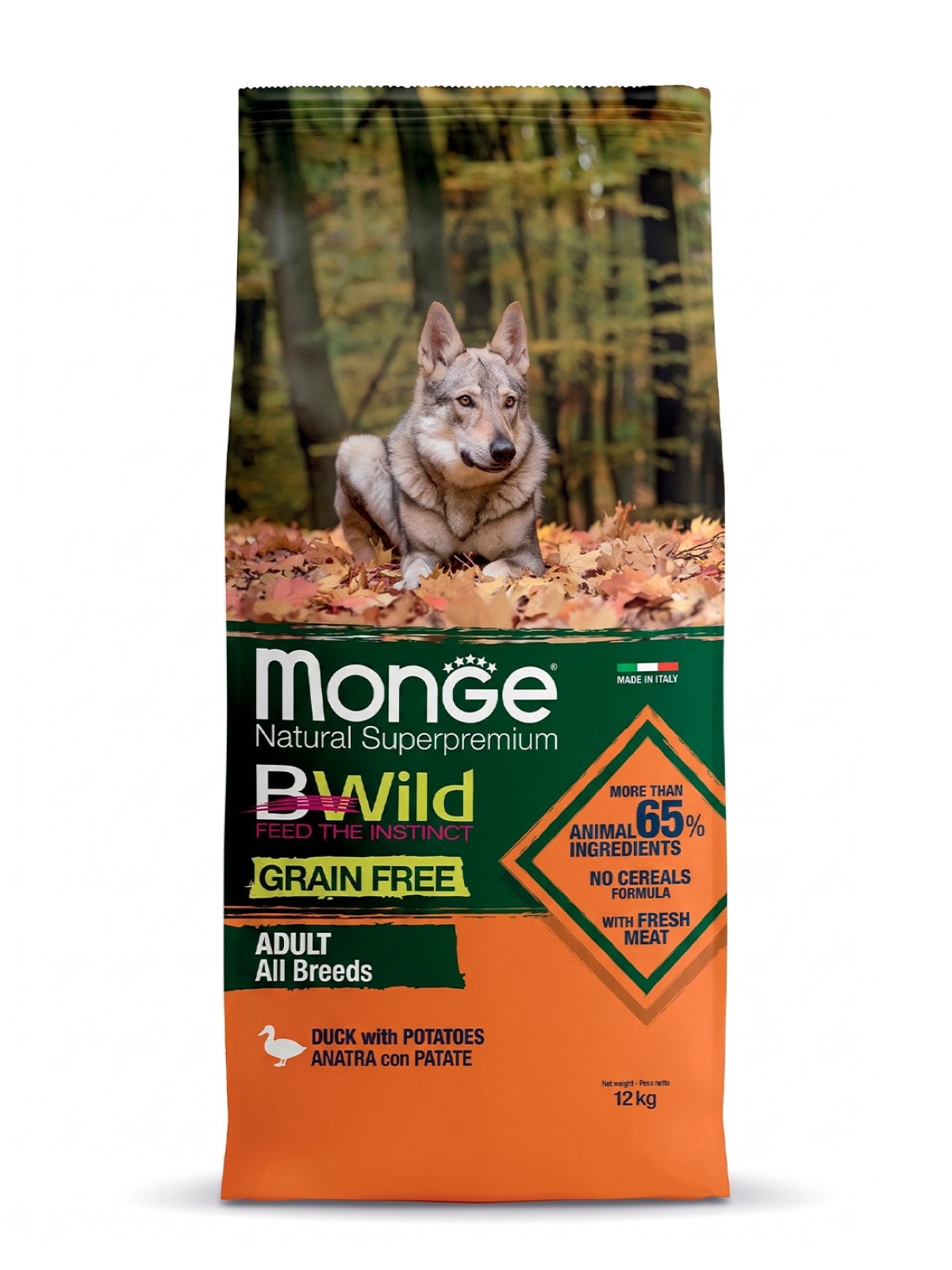Сухой корм Monge Dog BWild GRAIN FREE для взрослых собак, беззерновой, утка с картофелем 12 кг