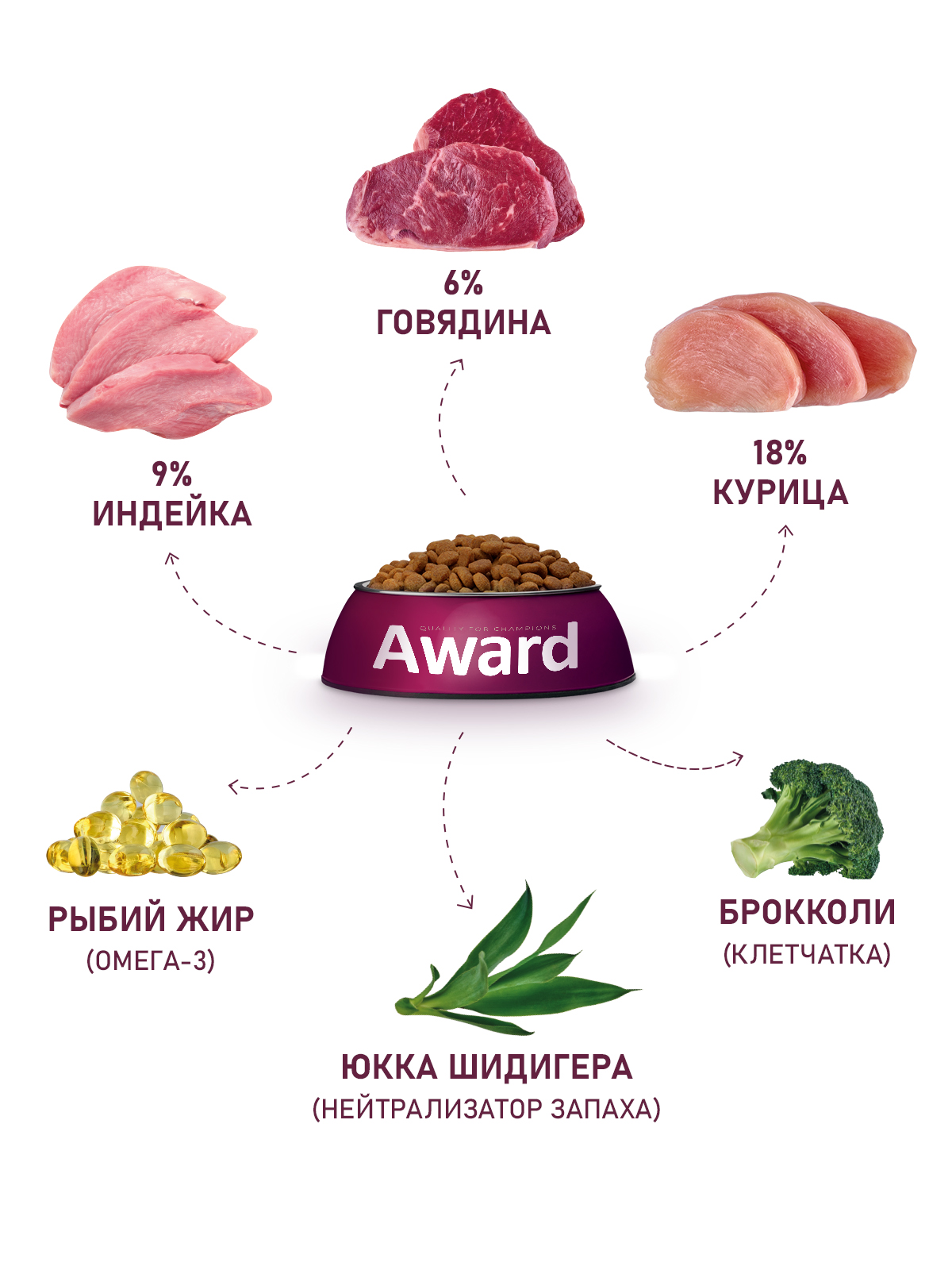 Сухой корм AWARD Indoor Big cats для взрослых домашних кошек крупных пород с говядиной и курицей с добавлением брокколи и юкки Шидигера 10кг