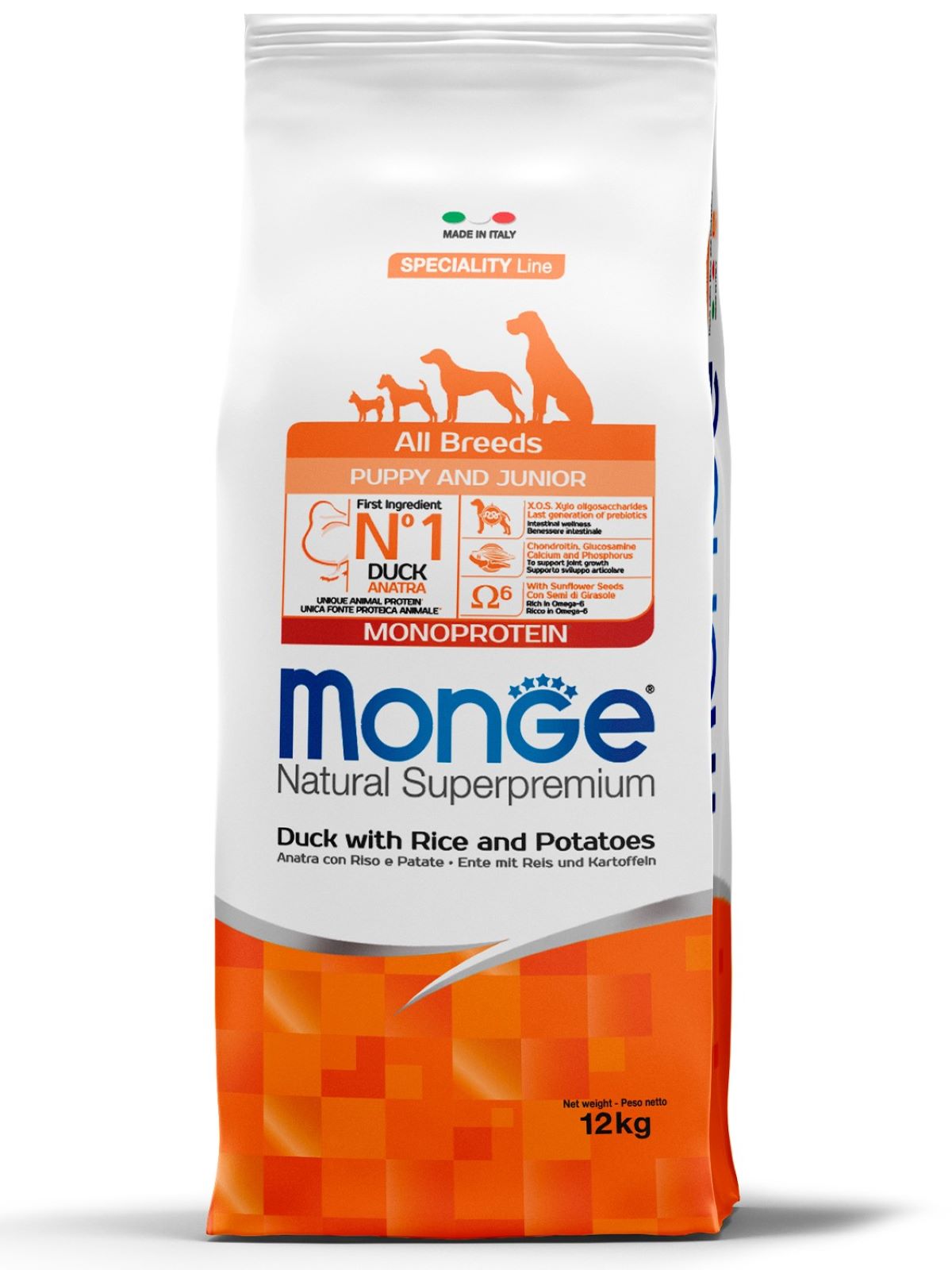Сухой корм Monge Dog Speciality Line Monoprotein для щенков всех пород, из утки с рисом и картофелем 12 кг