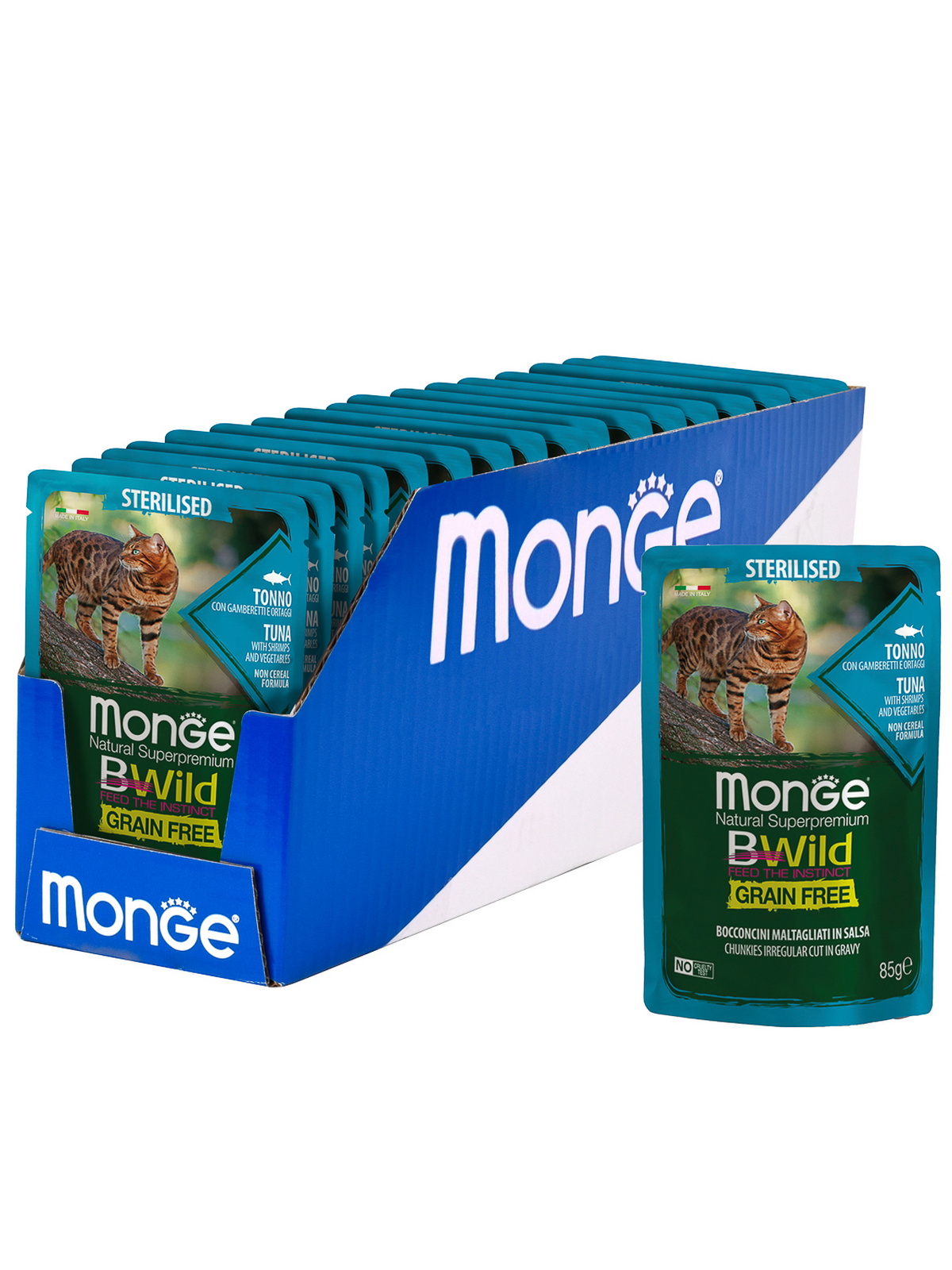 Monge Cat BWild GRAIN FREE для стерилизованных кошек, беззерновой, из тунца с креветками и овощами,  85 г