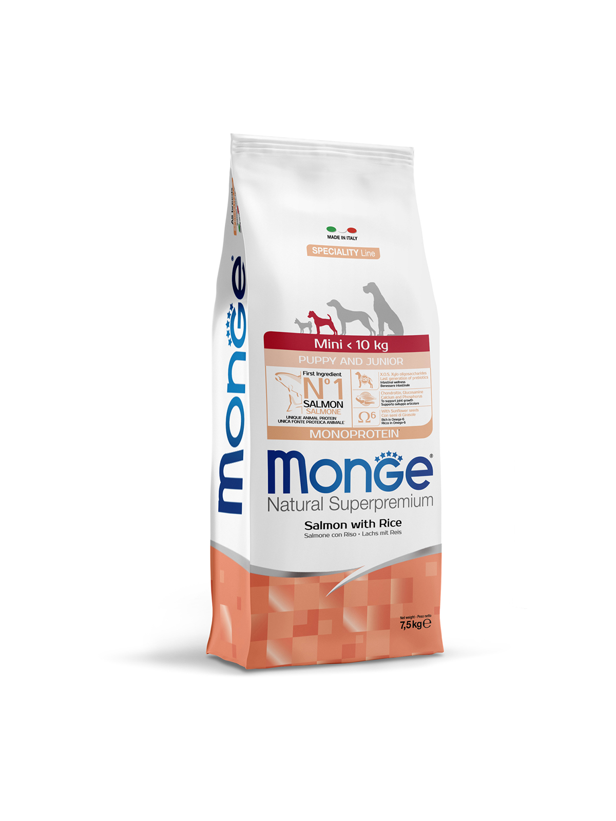 Сухой корм Monge Dog Speciality Line Monoprotein для щенков мелких пород, из лосося с рисом 7,5 кг