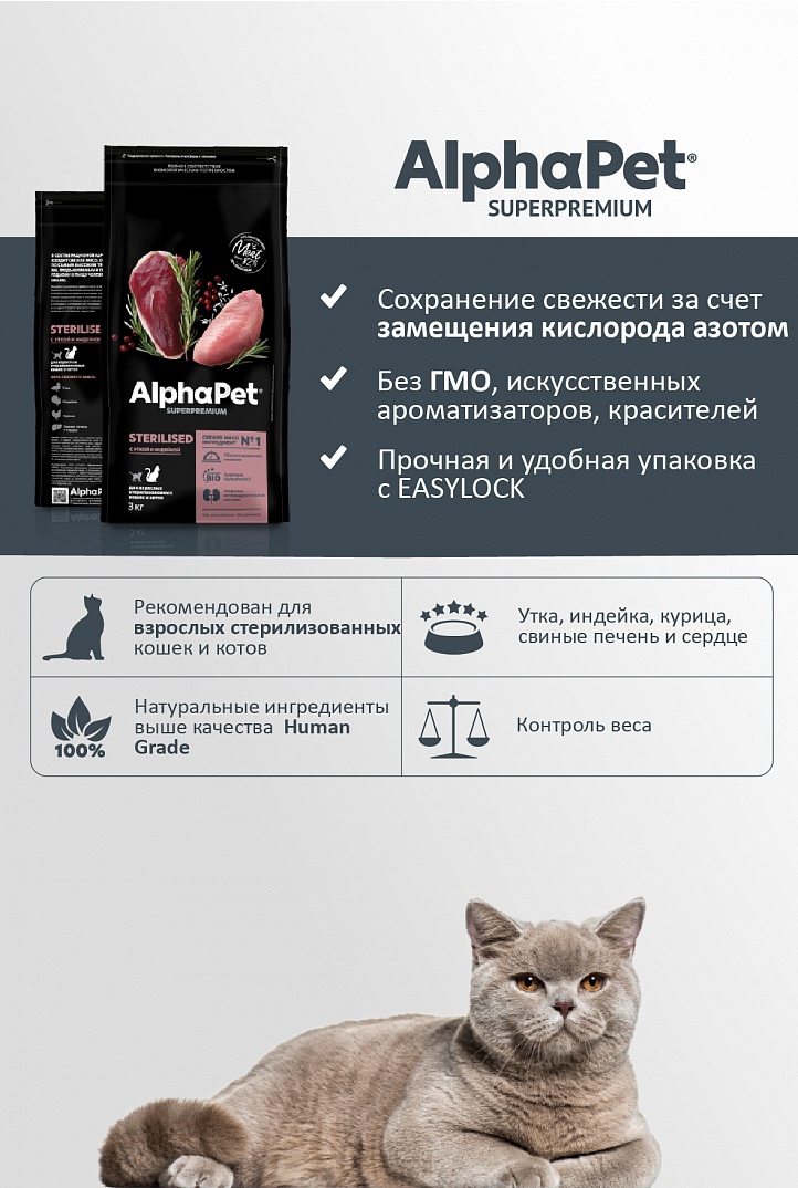 AlphaPet Альфа Пет Superpremium сухой для стерилизованных кошек и котов с Уткой и индейкой 400г 4670064651690